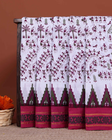 Traditional Sungudi Cotton Saree with Intricate Warli Tribal Print and Contrasting Geometric Border Design - Off White