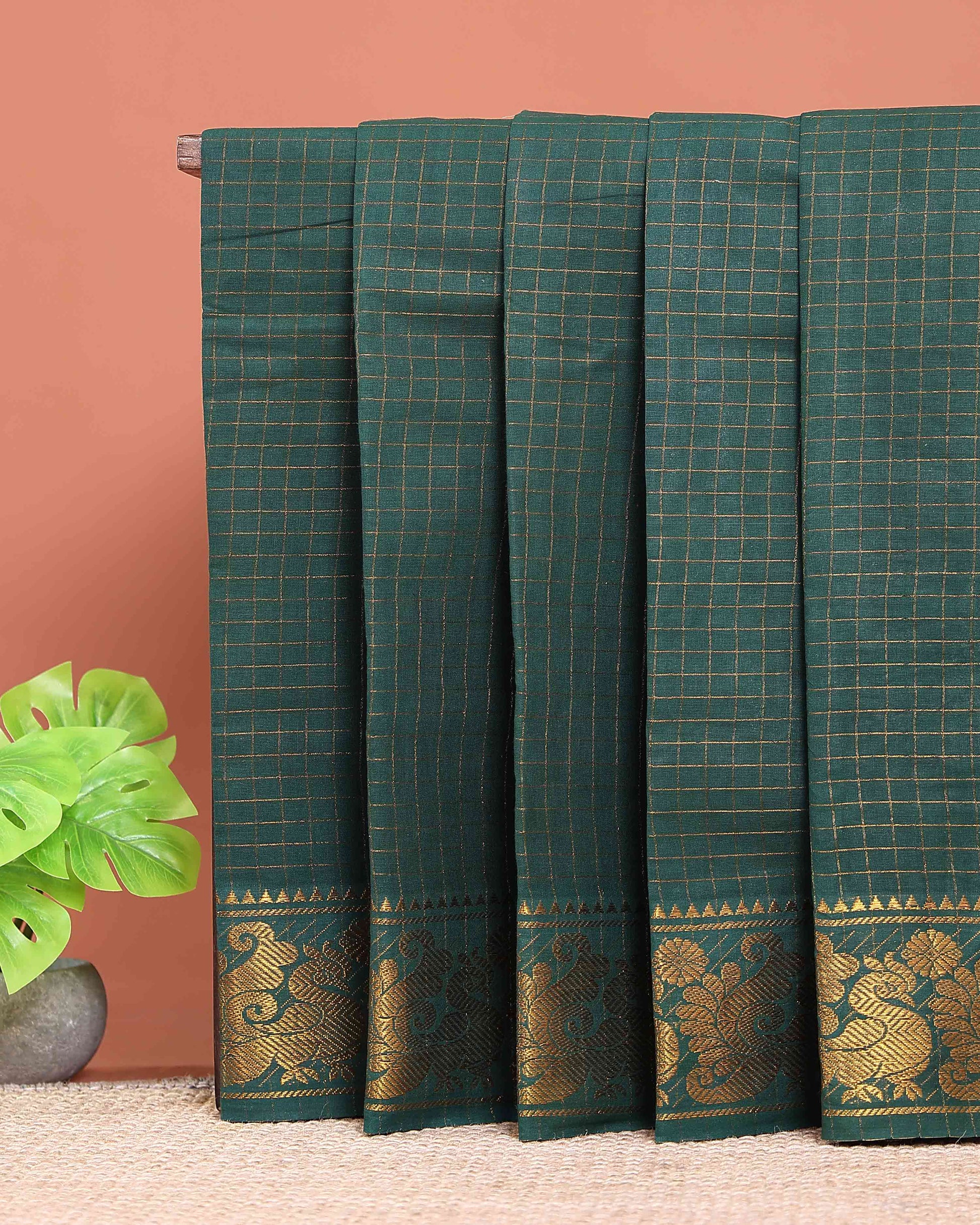 Traditional Sungudi Cotton Saree with Rich Peacock Zari Border and Checked Design - Dark Green