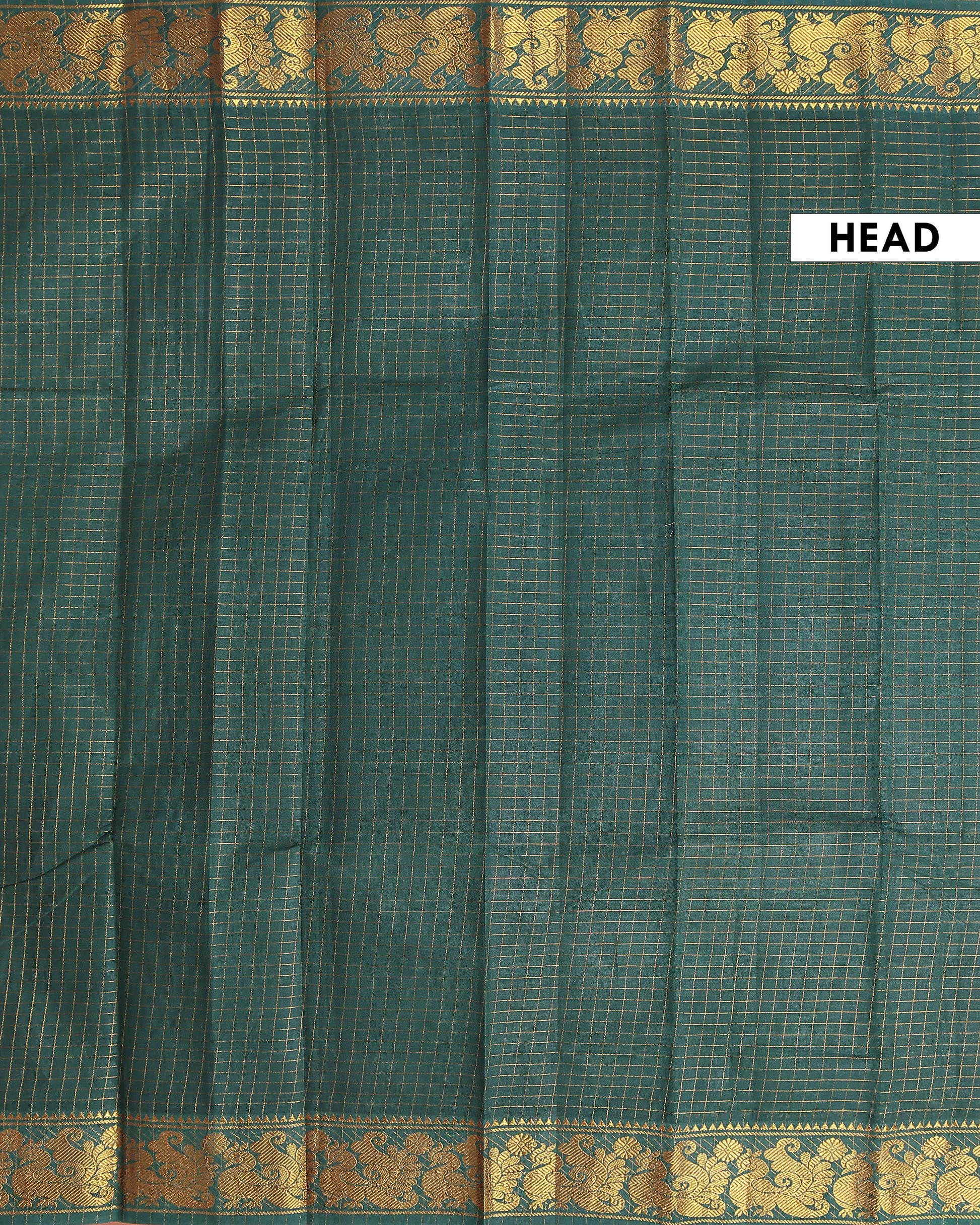 Traditional Sungudi Cotton Saree with Rich Peacock Zari Border and Checked Design - Dark Green