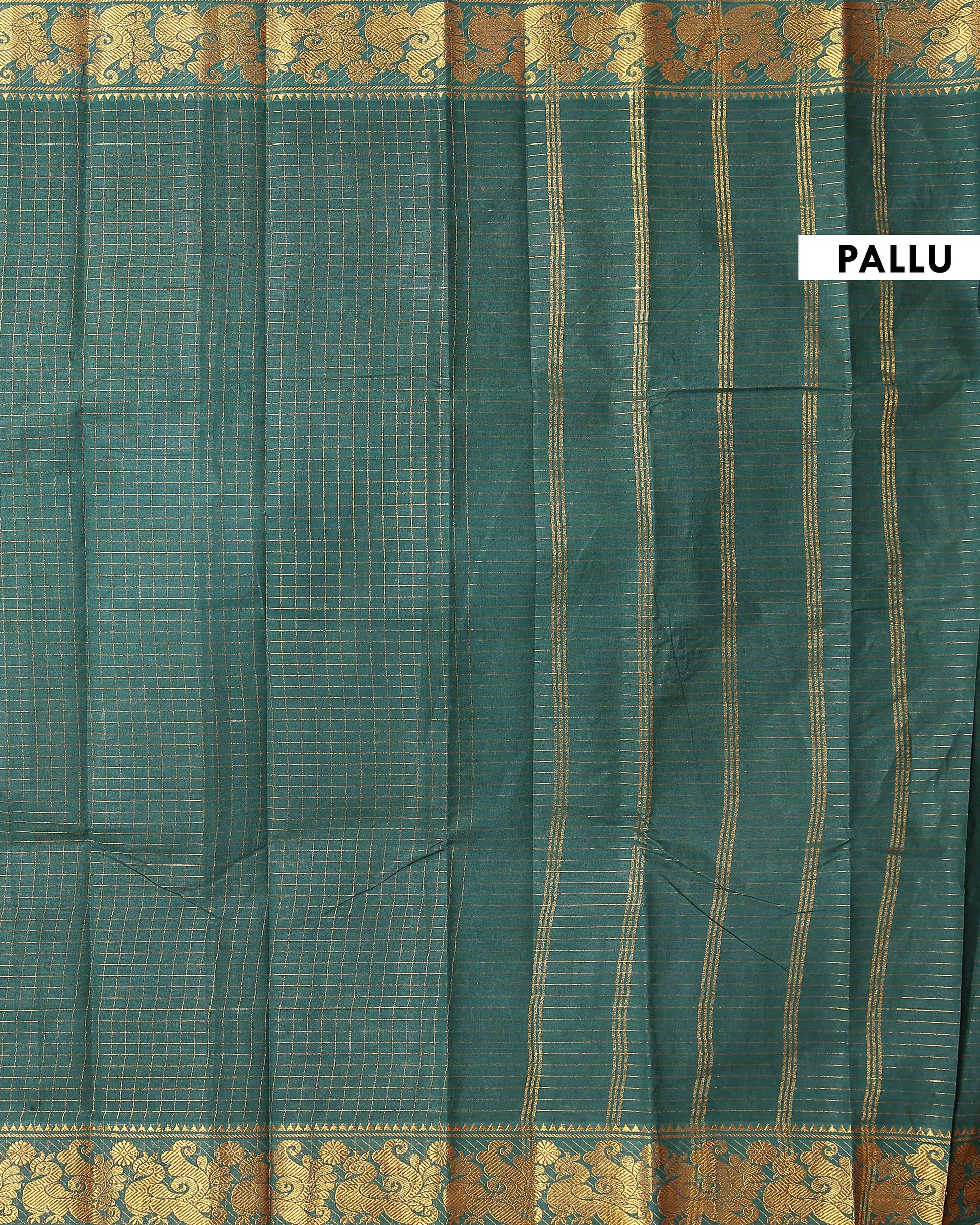 Traditional Sungudi Cotton Saree with Rich Peacock Zari Border and Checked Design - Dark Green