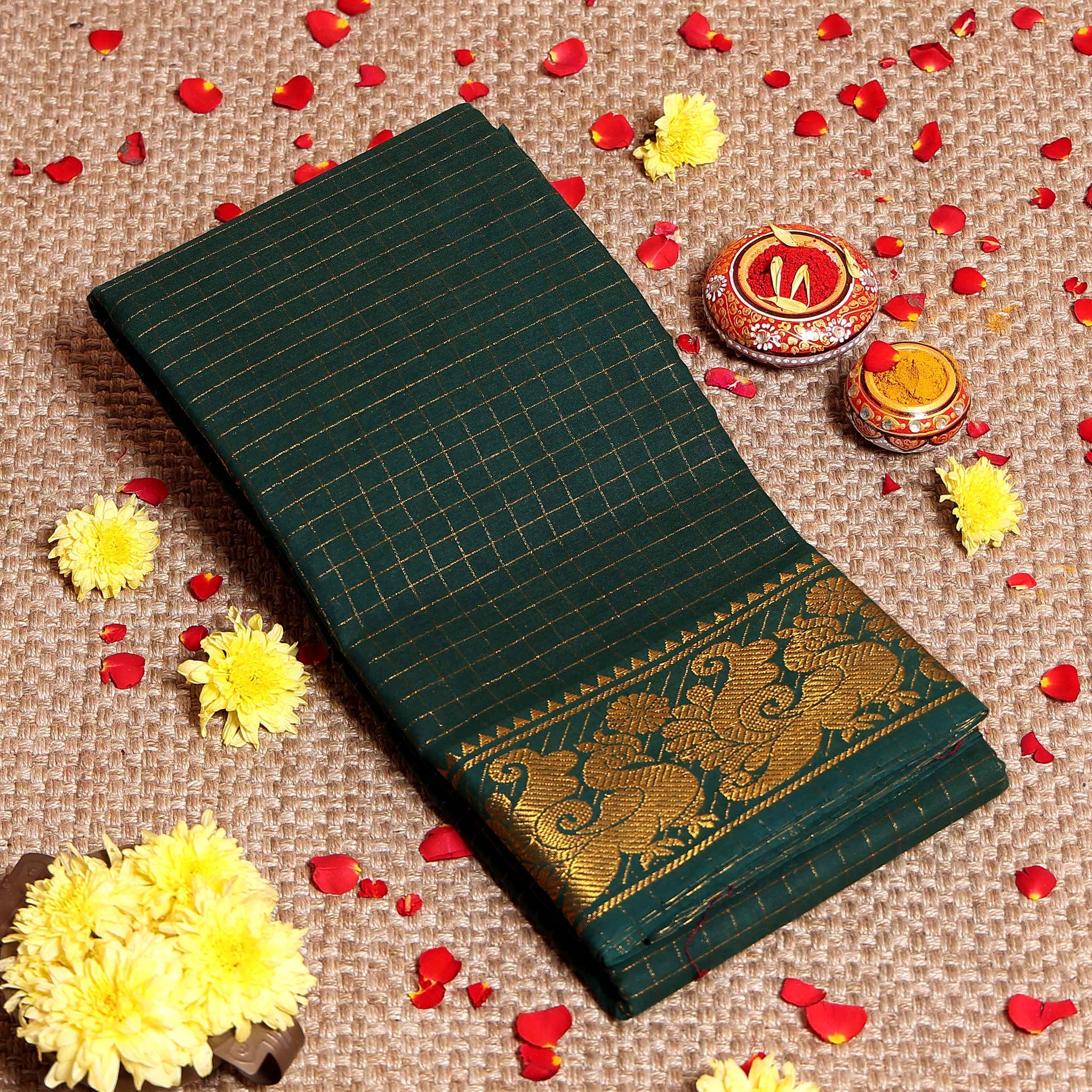 Traditional Sungudi Cotton Saree with Rich Peacock Zari Border and Checked Design - Dark Green