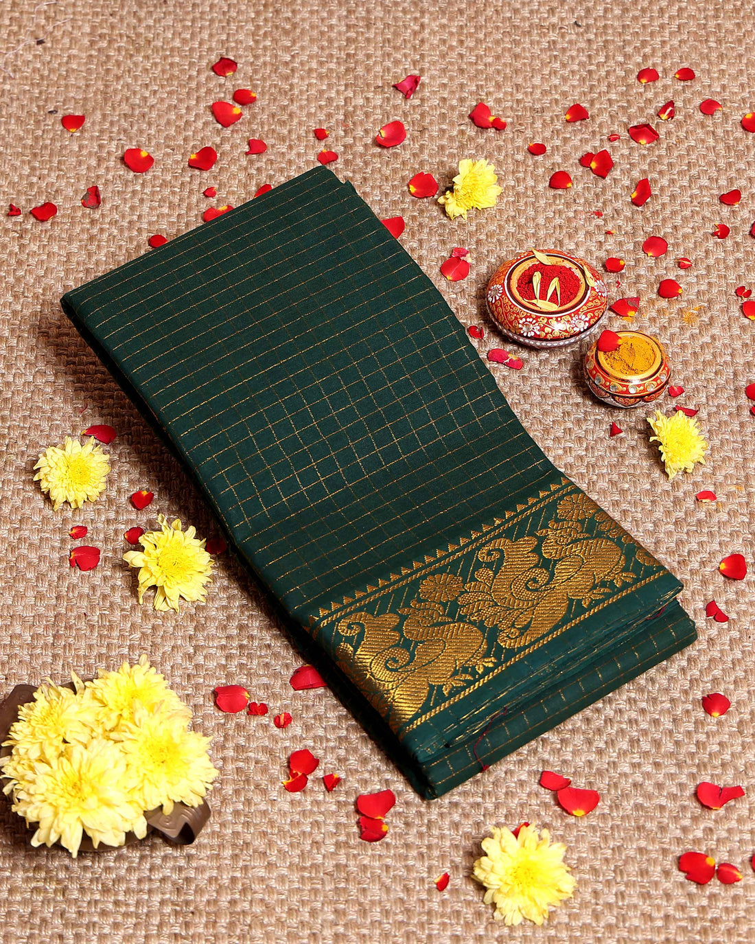 Traditional Sungudi Cotton Saree with Rich Peacock Zari Border and Checked Design - Dark Green