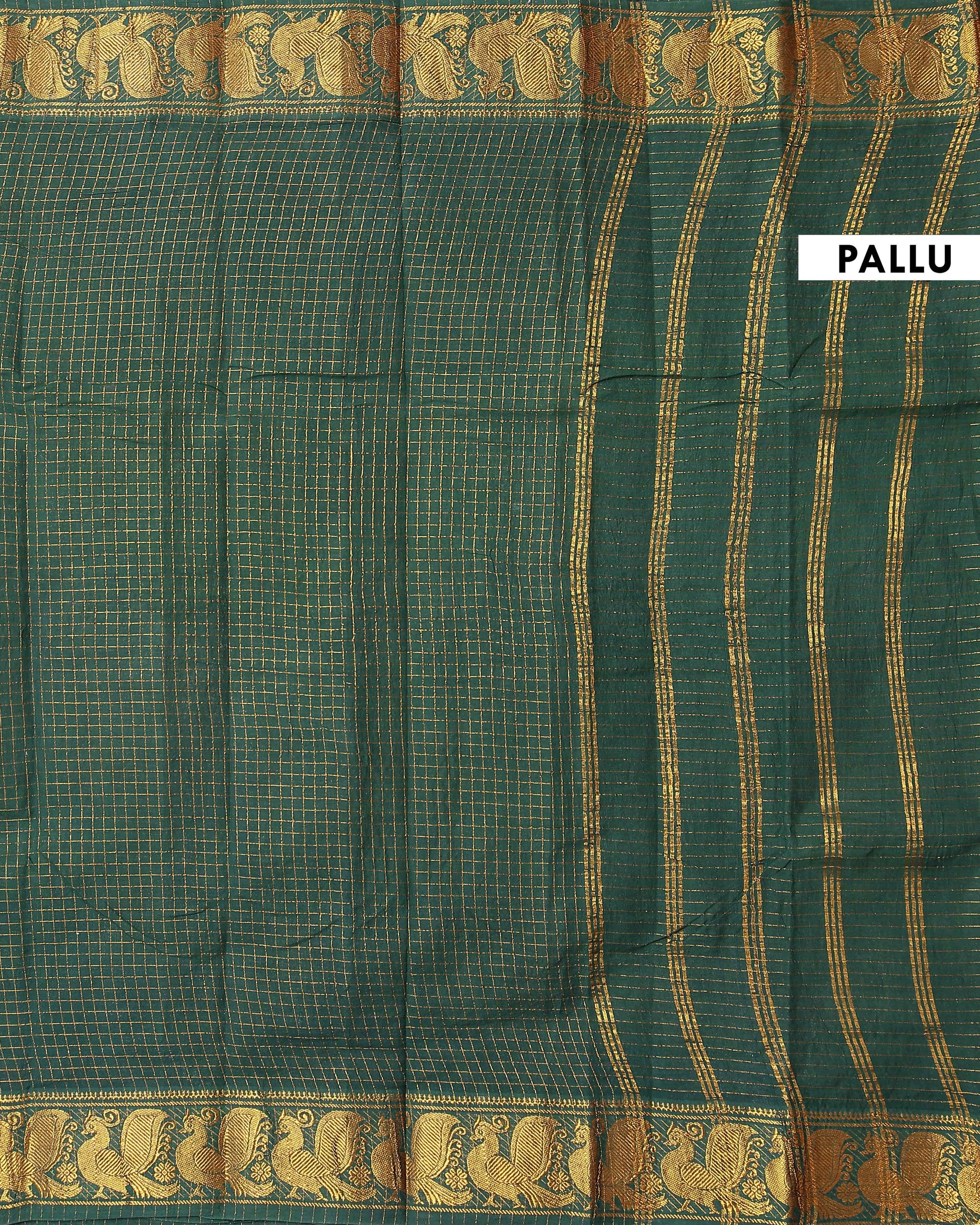 Traditional Sungudi Cotton Saree with Rich Peacock Zari Border and Checked Design - Green