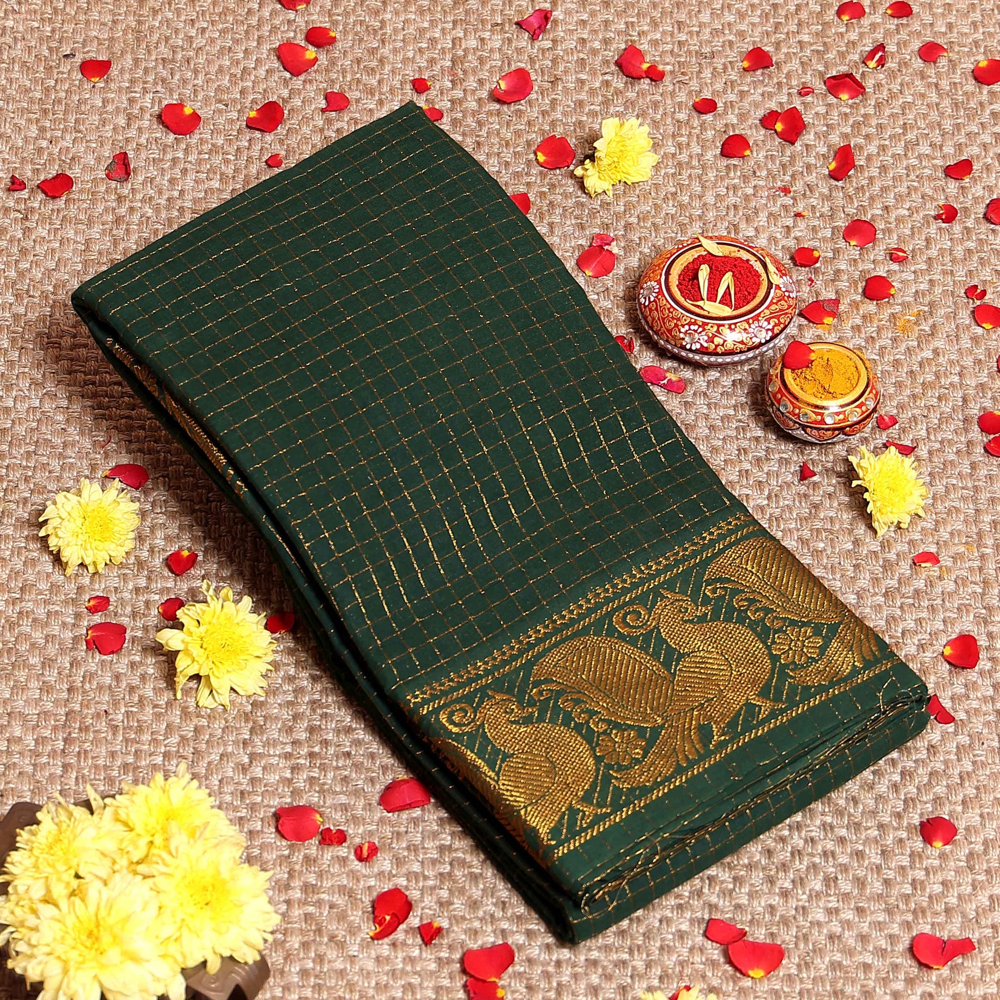 Traditional Sungudi Cotton Saree with Rich Peacock Zari Border and Checked Design - Green