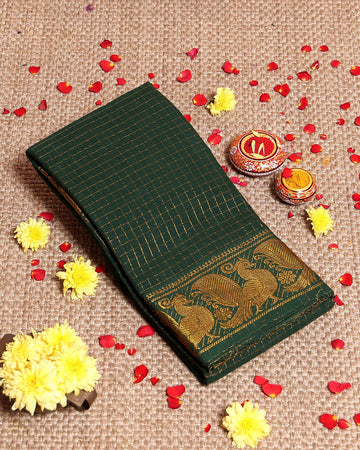 Traditional Sungudi Cotton Saree with Rich Peacock Zari Border and Checked Design - Green