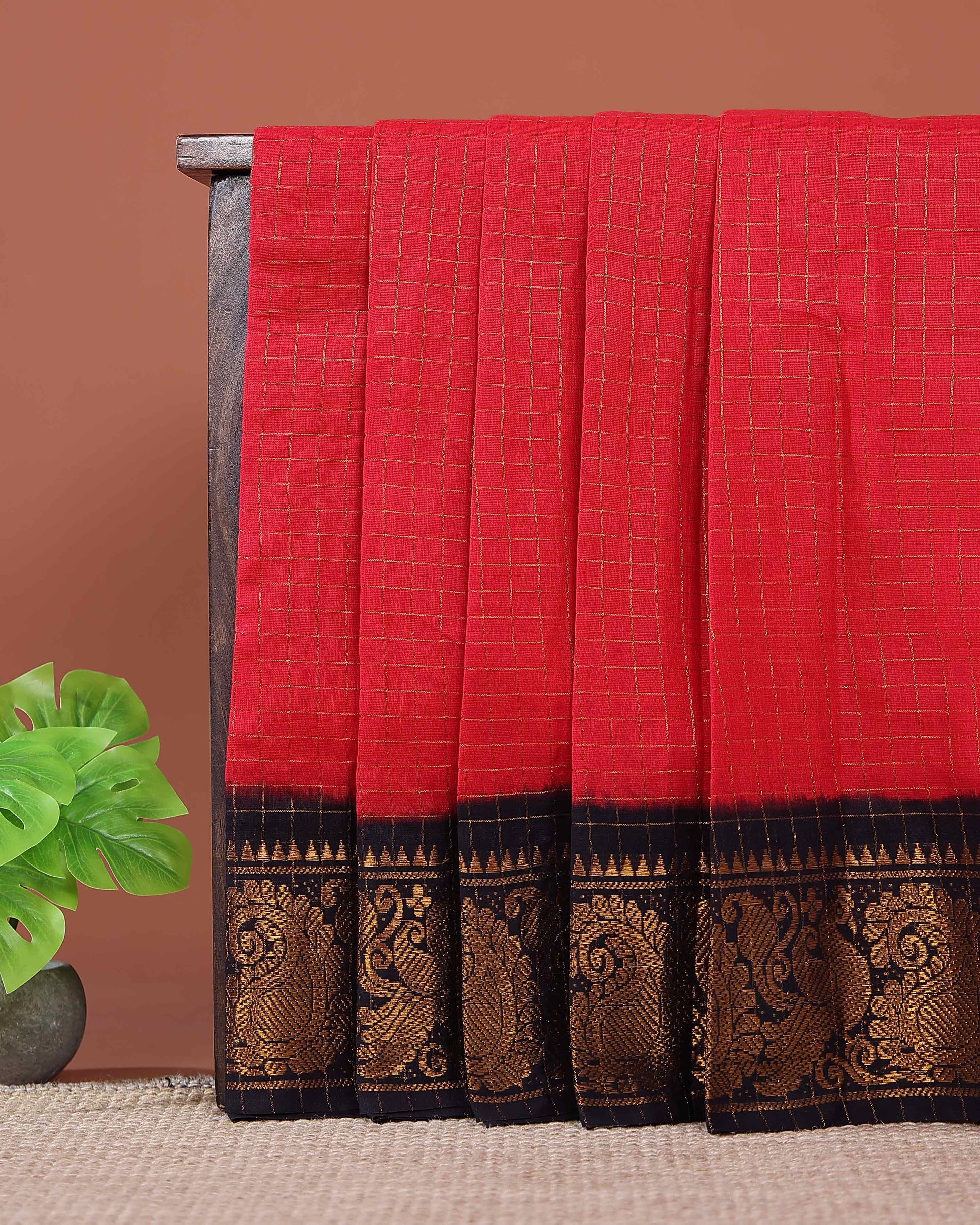 Traditional Sungudi Cotton Saree with Rich Peacock Zari Border and Checked Design - Red