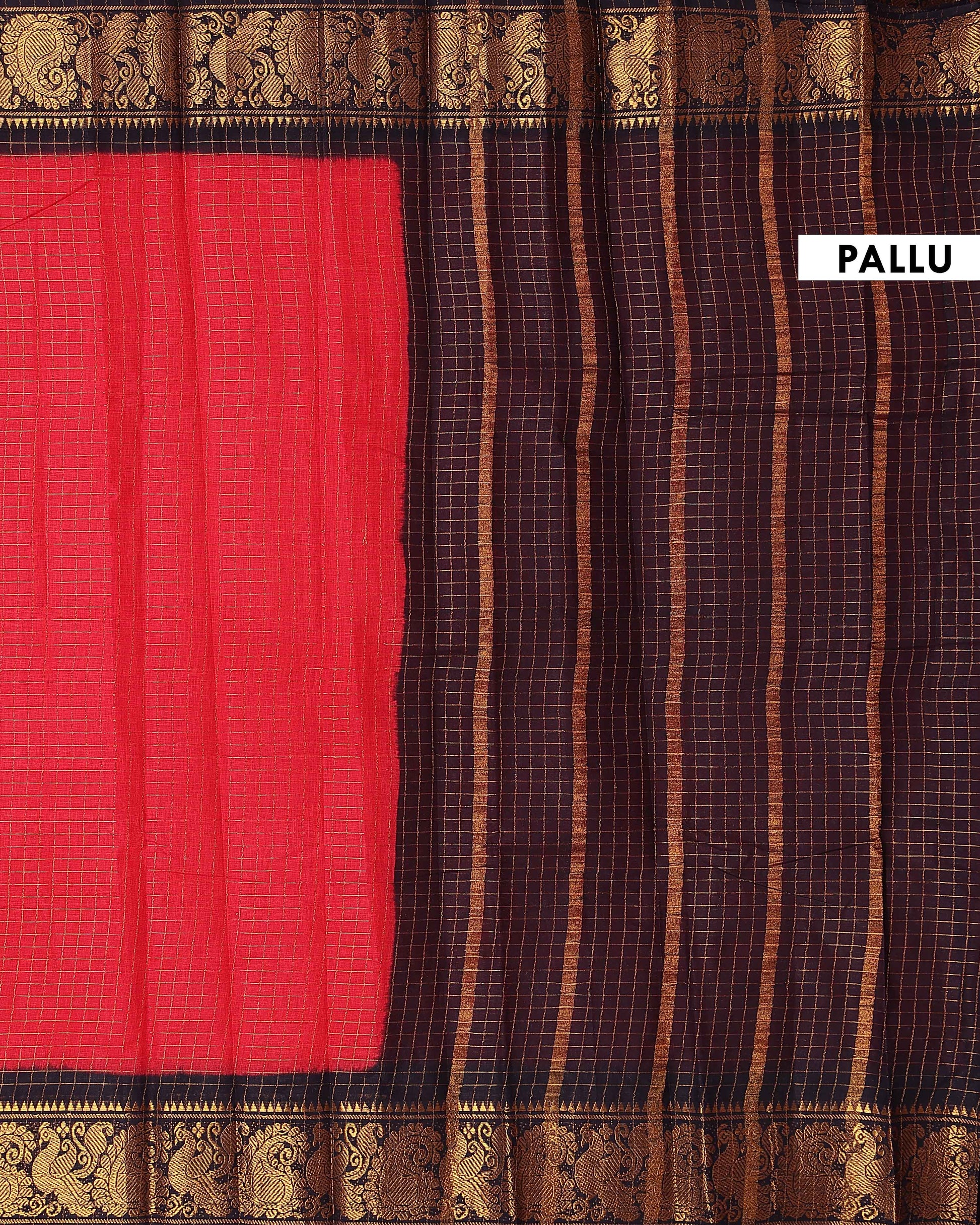 Traditional Sungudi Cotton Saree with Rich Peacock Zari Border and Checked Design - Red