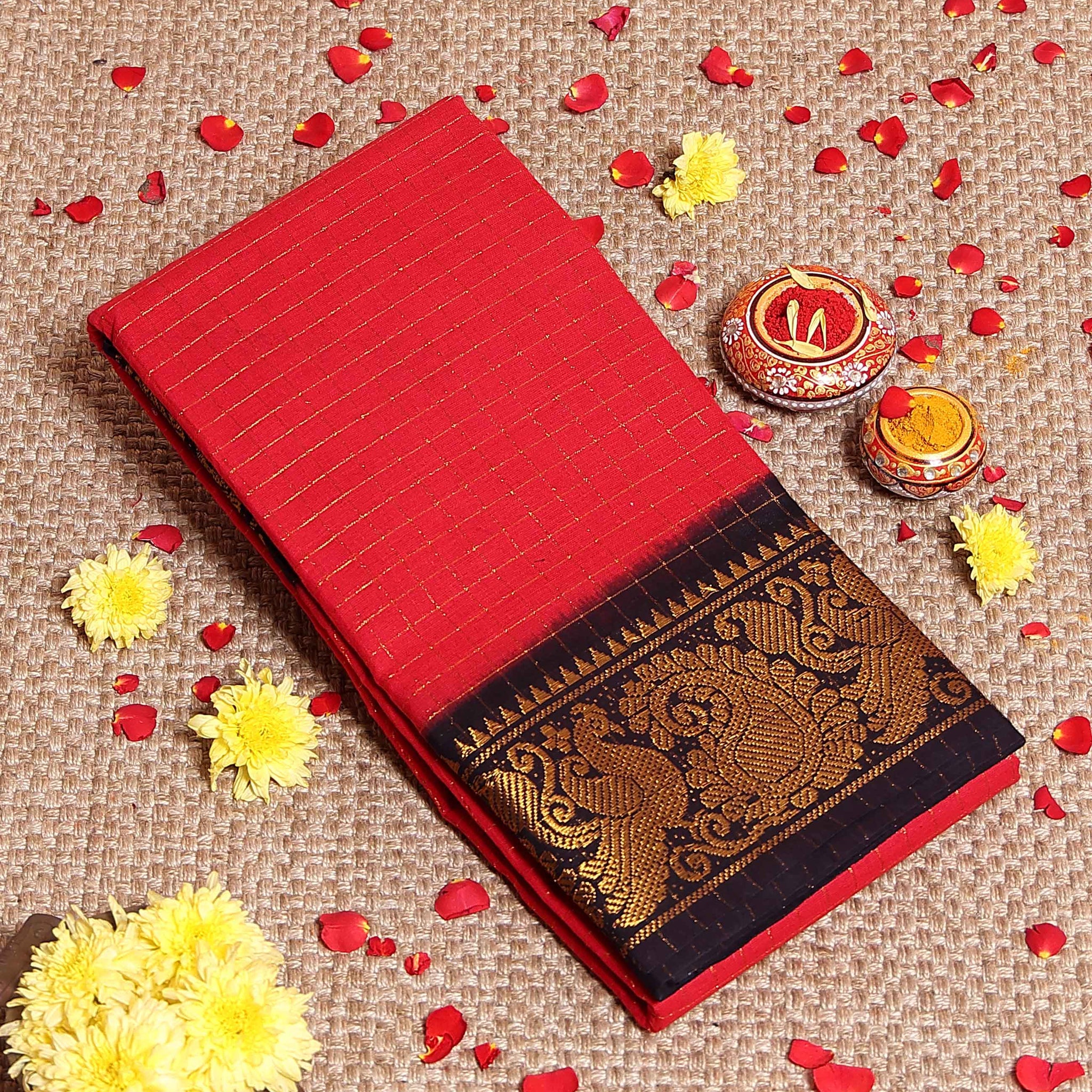 Traditional Sungudi Cotton Saree with Rich Peacock Zari Border and Checked Design - Red