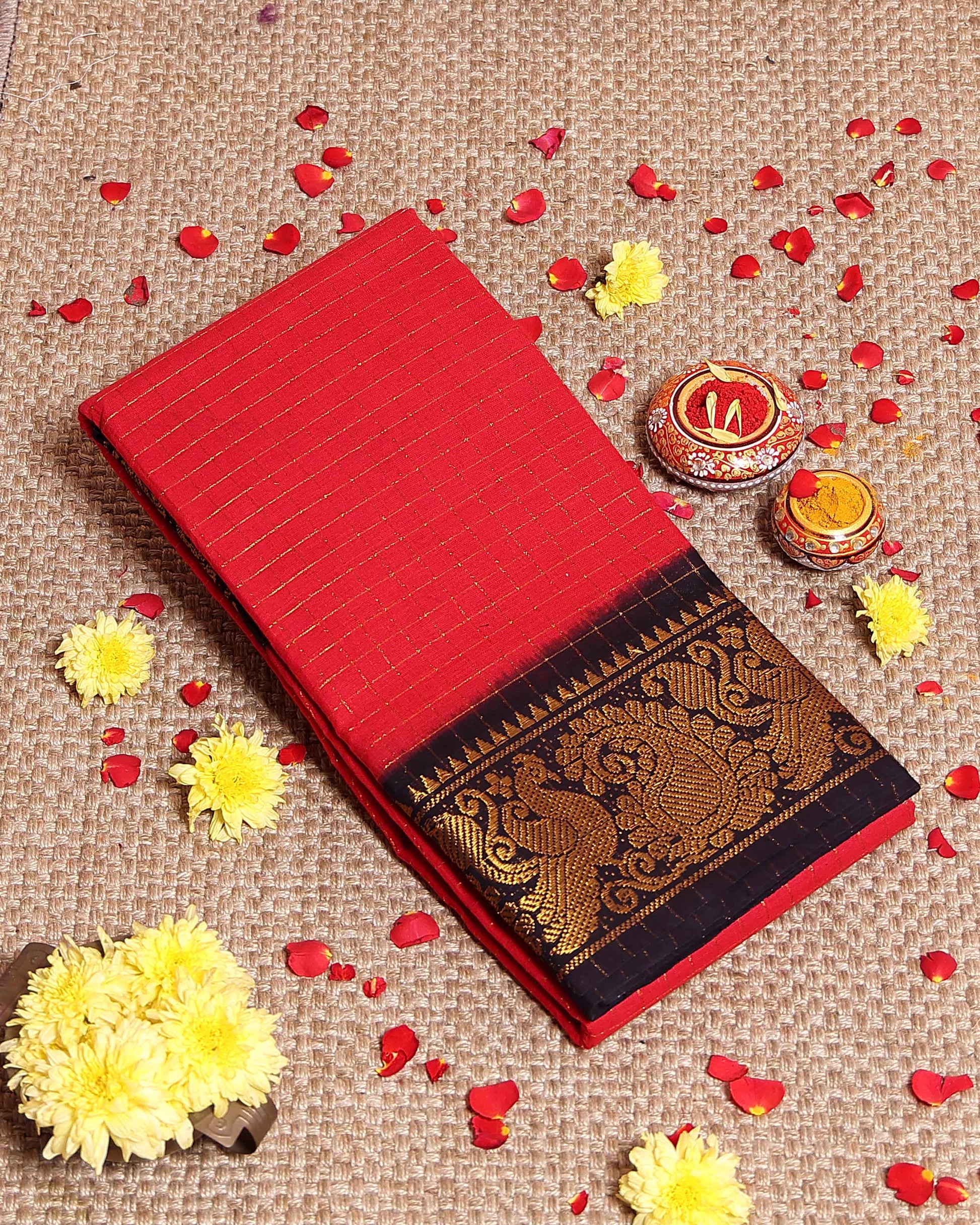 Traditional Sungudi Cotton Saree with Rich Peacock Zari Border and Checked Design - Red
