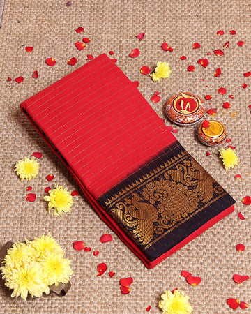 Traditional Sungudi Cotton Saree with Rich Peacock Zari Border and Checked Design - Red