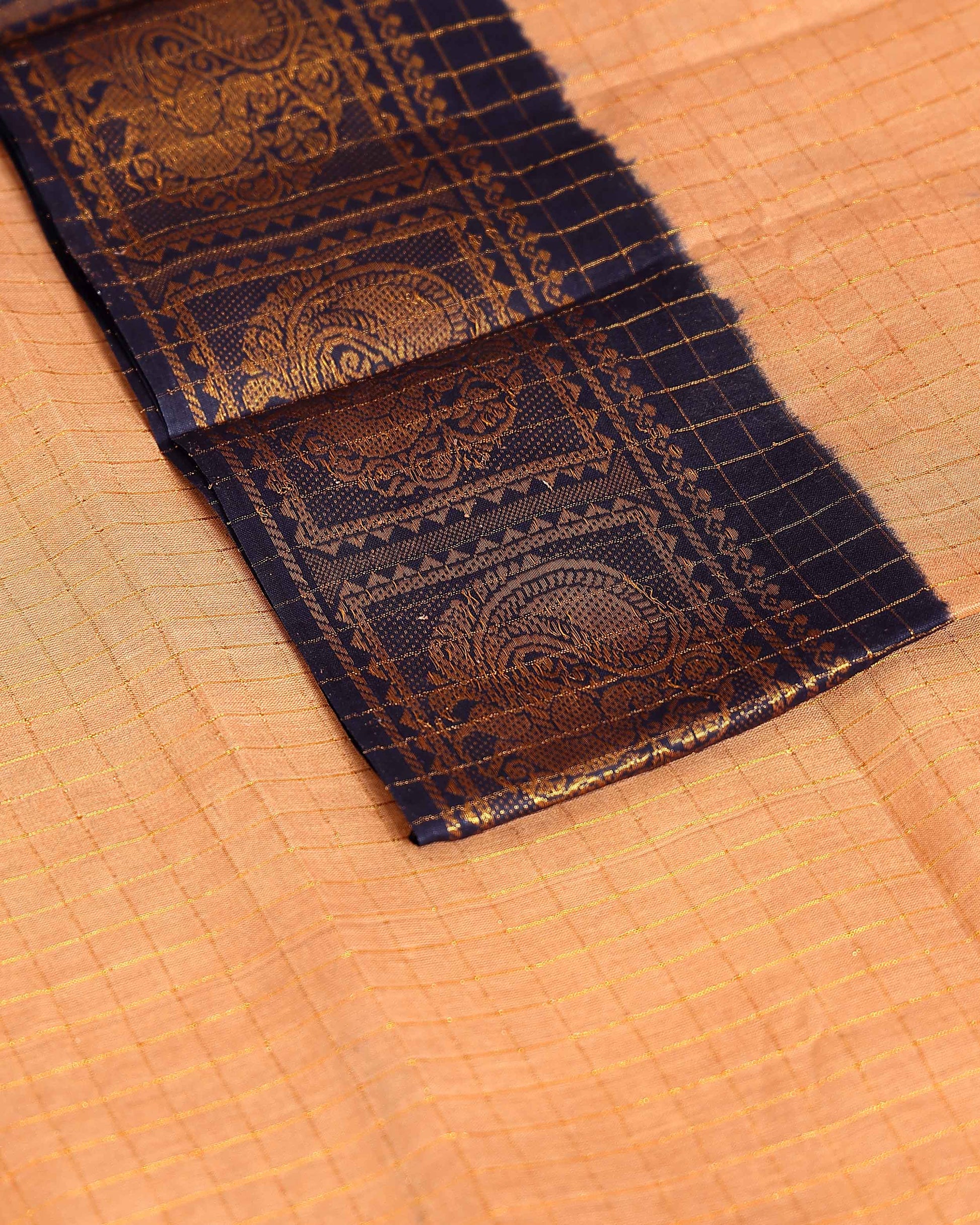 Traditional Sungudi Cotton Saree with Rich Peacock Zari Border and Checked Design - Sandal