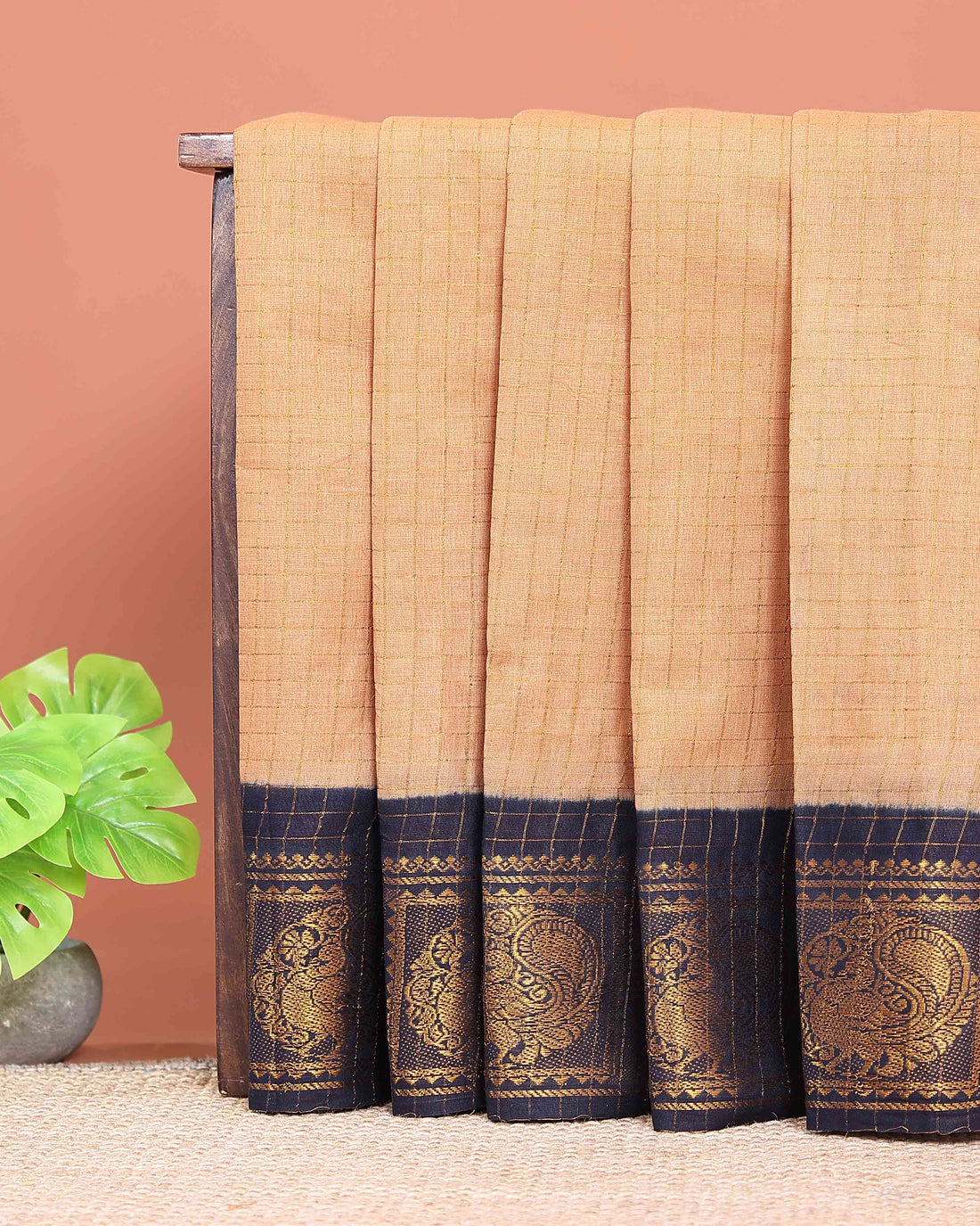 Traditional Sungudi Cotton Saree with Rich Peacock Zari Border and Checked Design - Sandal