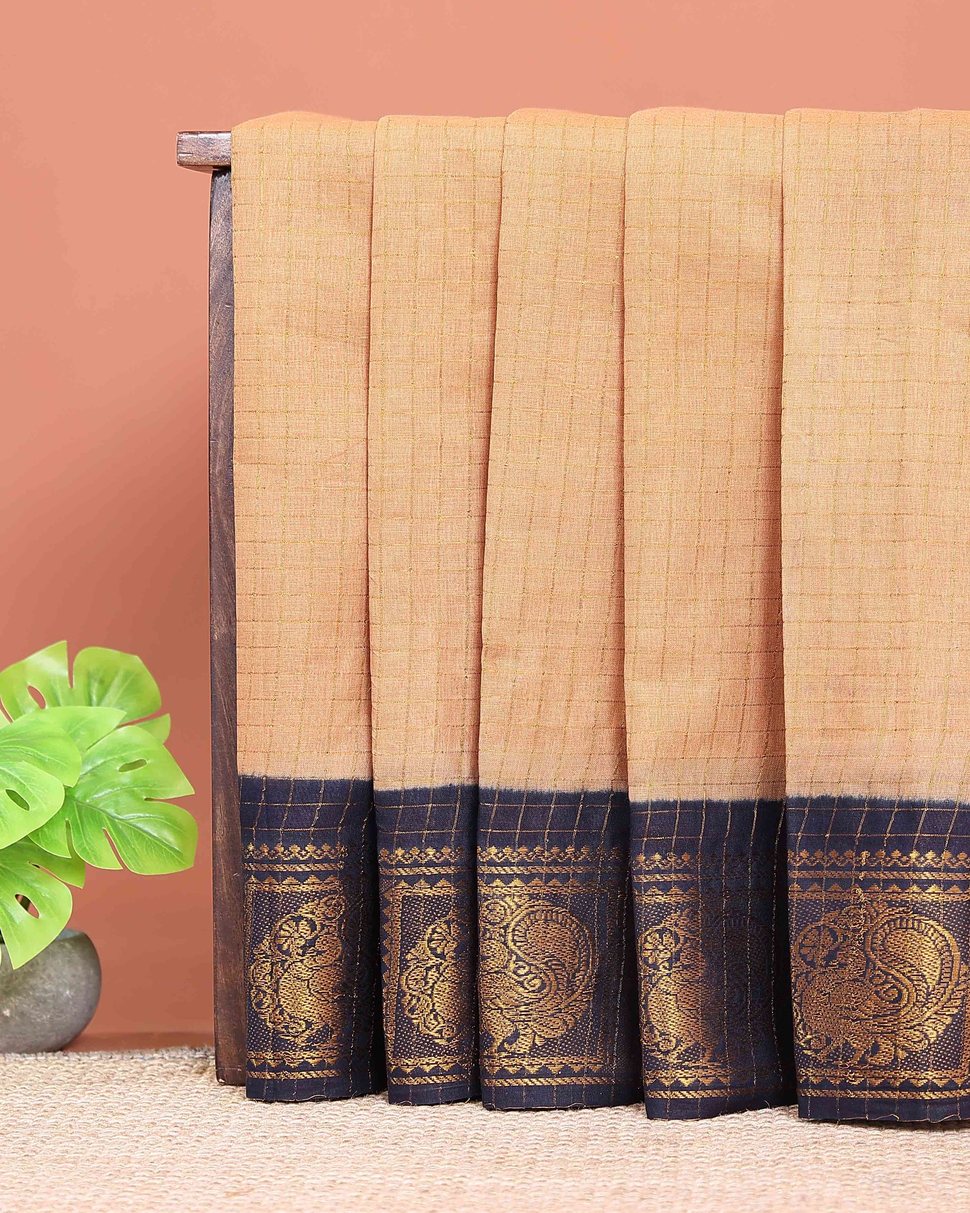 Traditional Sungudi Cotton Saree with Rich Peacock Zari Border and Checked Design - Sandal