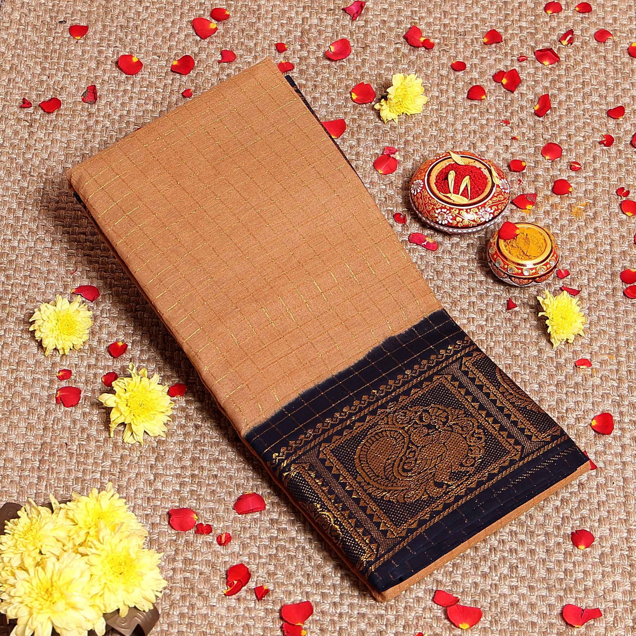 Traditional Sungudi Cotton Saree with Rich Peacock Zari Border and Checked Design - Sandal