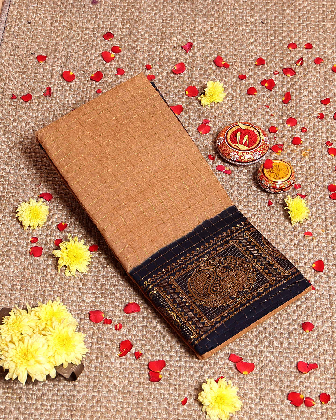 Traditional Sungudi Cotton Saree with Rich Peacock Zari Border and Checked Design - Sandal