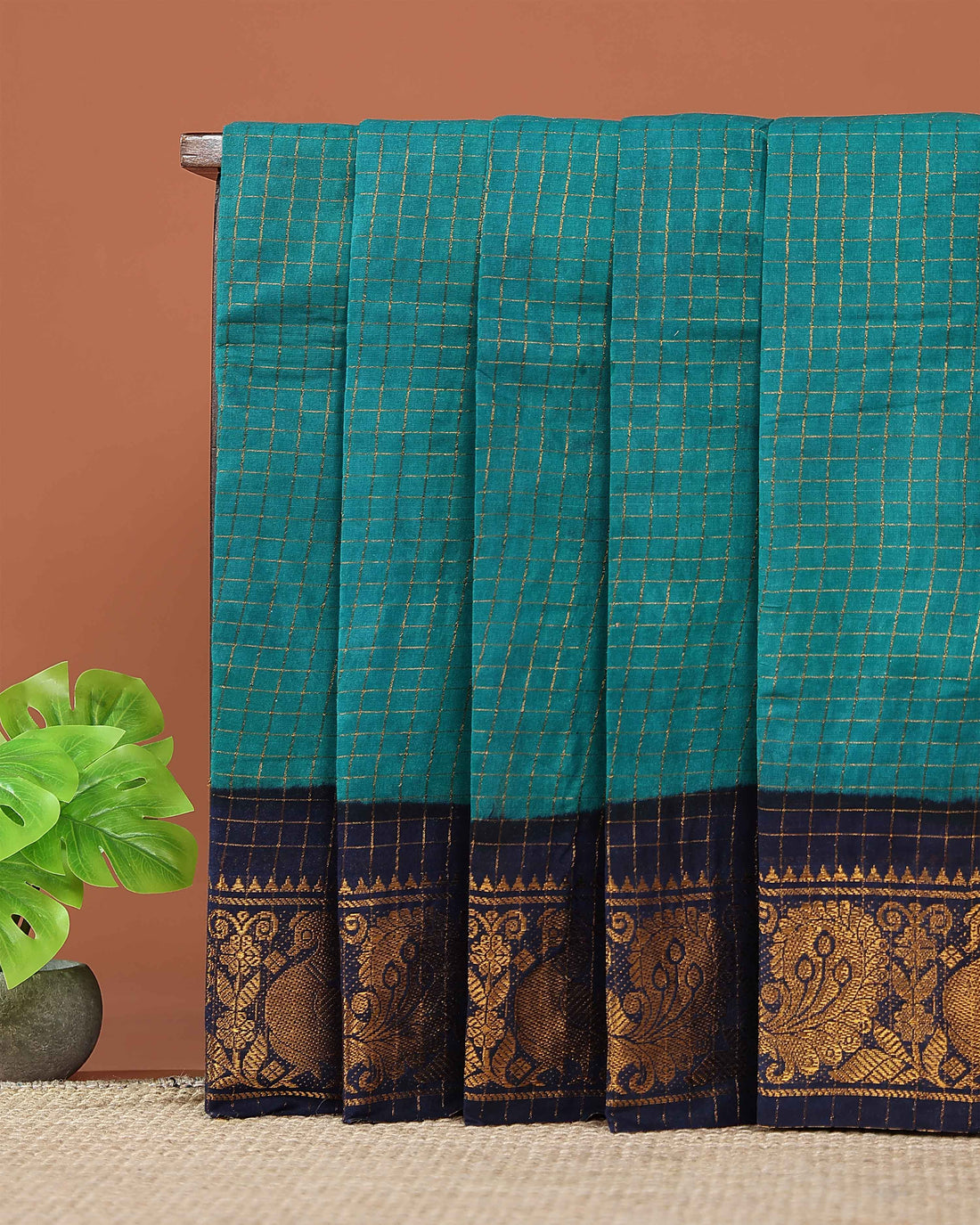 Traditional Sungudi Cotton Saree with Rich Peacock Zari Border and Checked Design - Green