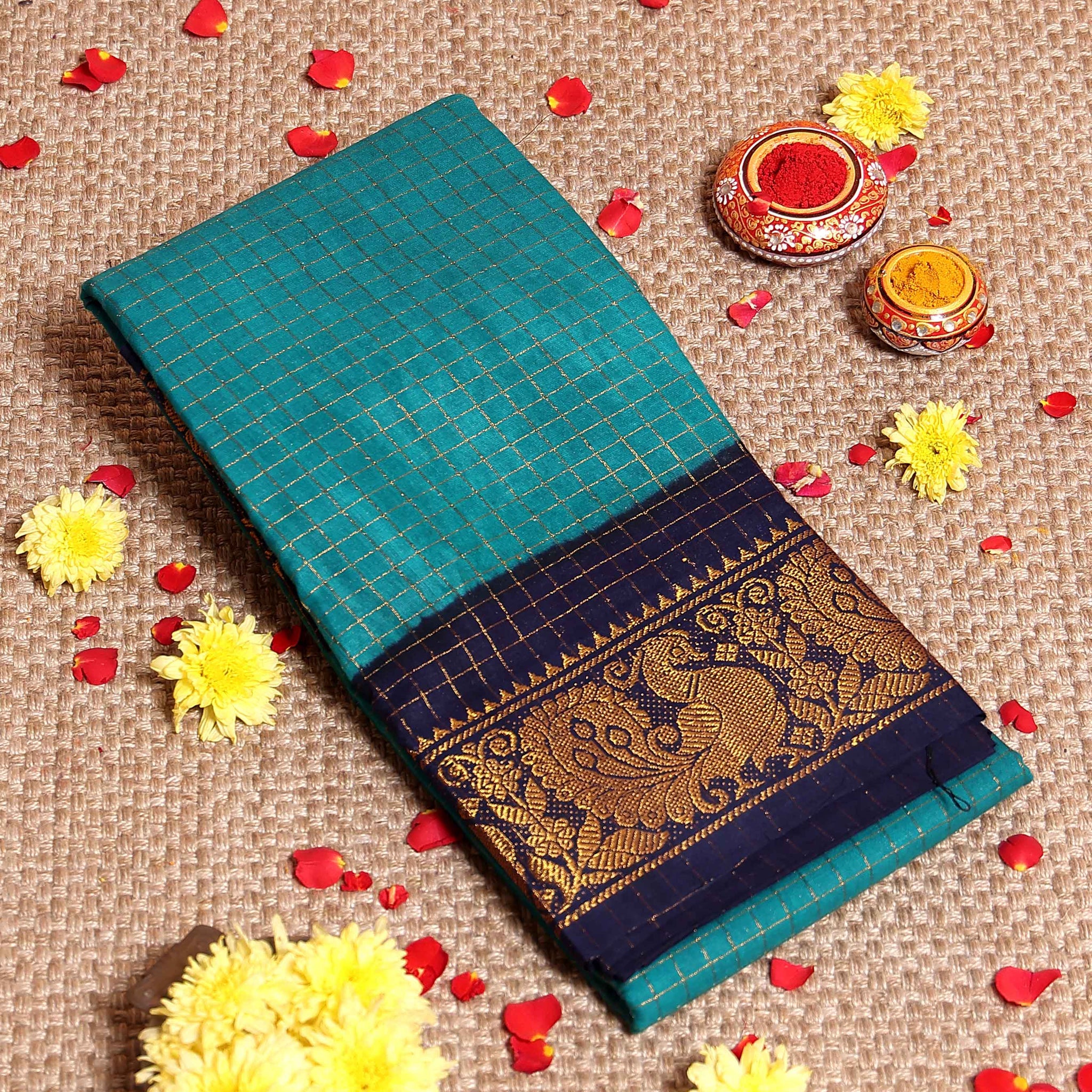 Traditional Sungudi Cotton Saree with Rich Peacock Zari Border and Checked Design - Green