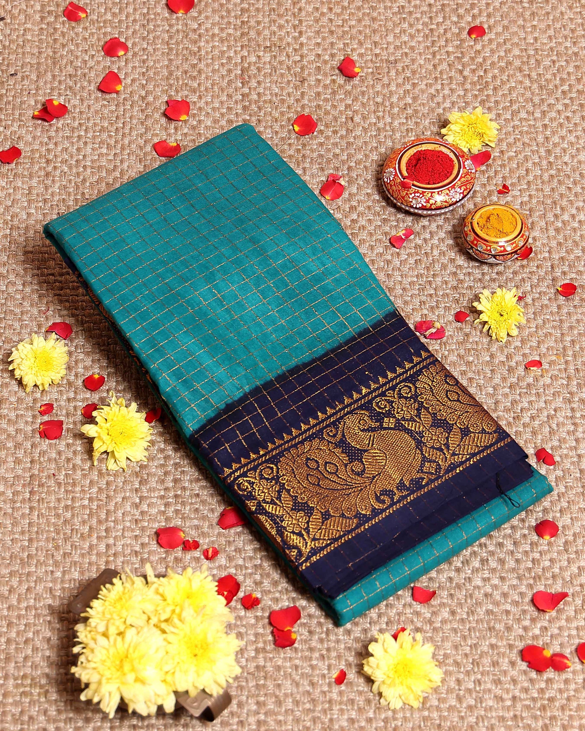 Traditional Sungudi Cotton Saree with Rich Peacock Zari Border and Checked Design - Green