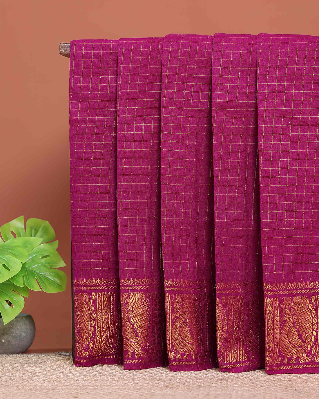 Traditional Sungudi Cotton Saree with Rich Peacock Zari Border and Classic Checked Pattern - Purple