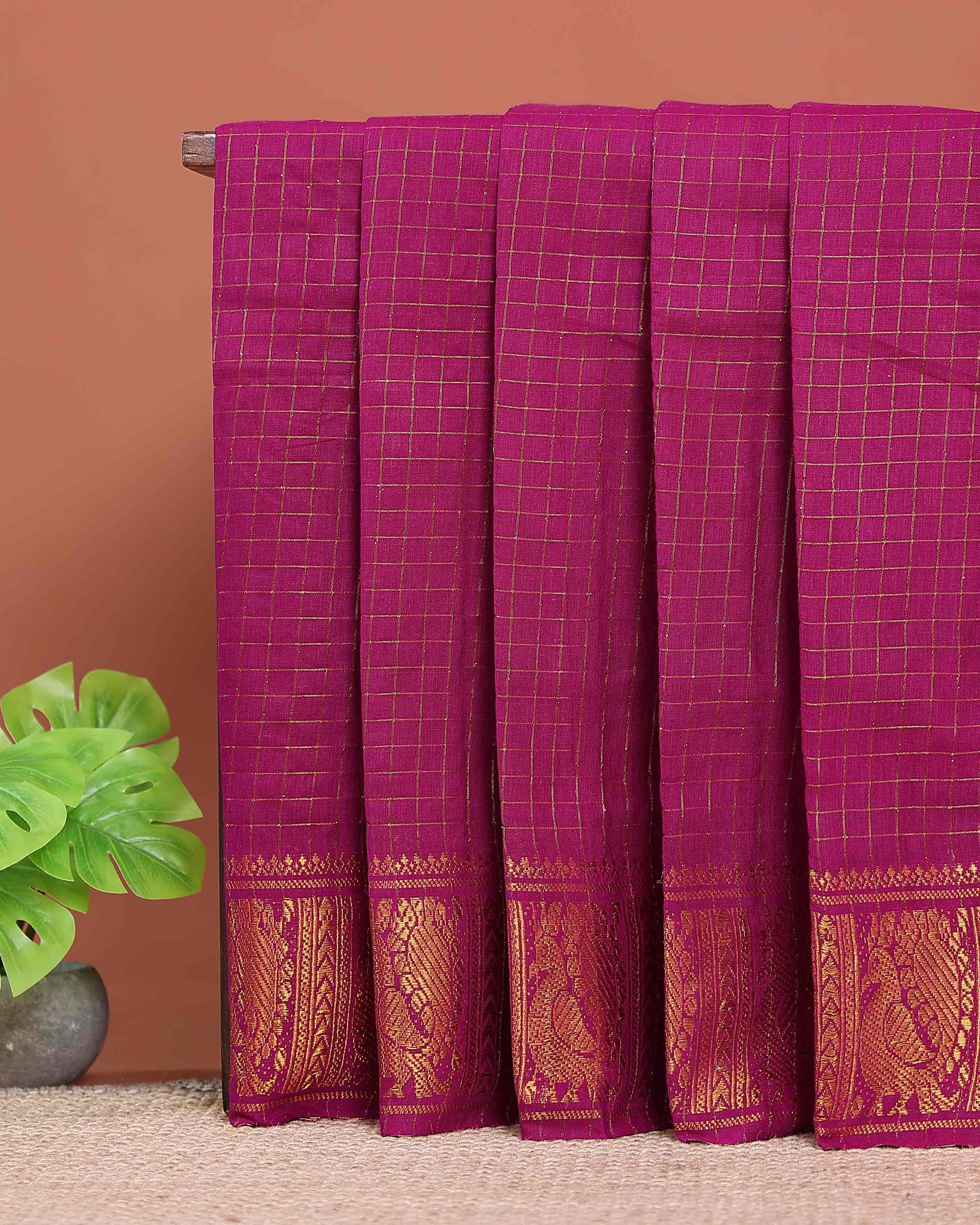 Traditional Sungudi Cotton Saree with Rich Peacock Zari Border and Classic Checked Pattern - Purple
