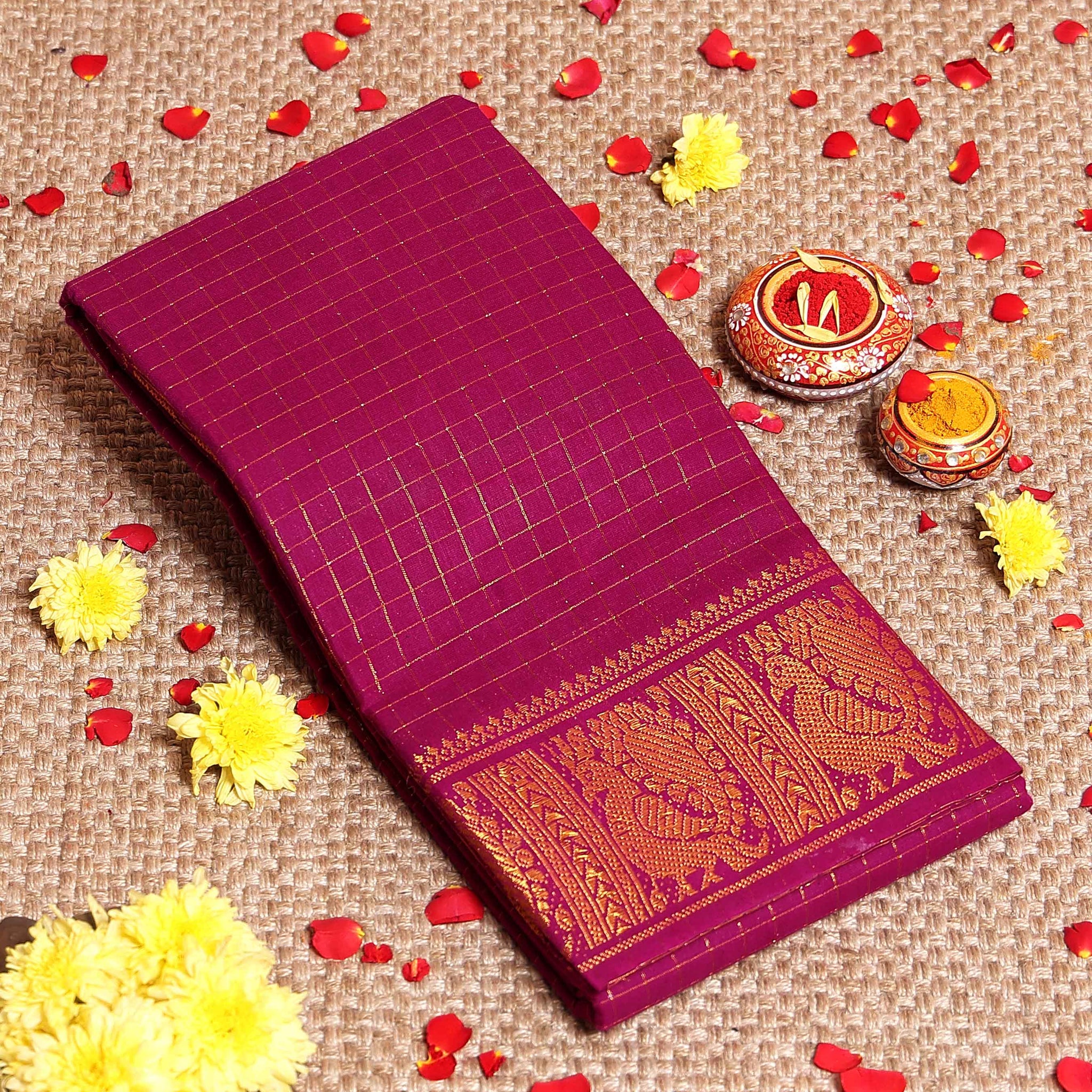 Traditional Sungudi Cotton Saree with Rich Peacock Zari Border and Classic Checked Pattern - Purple