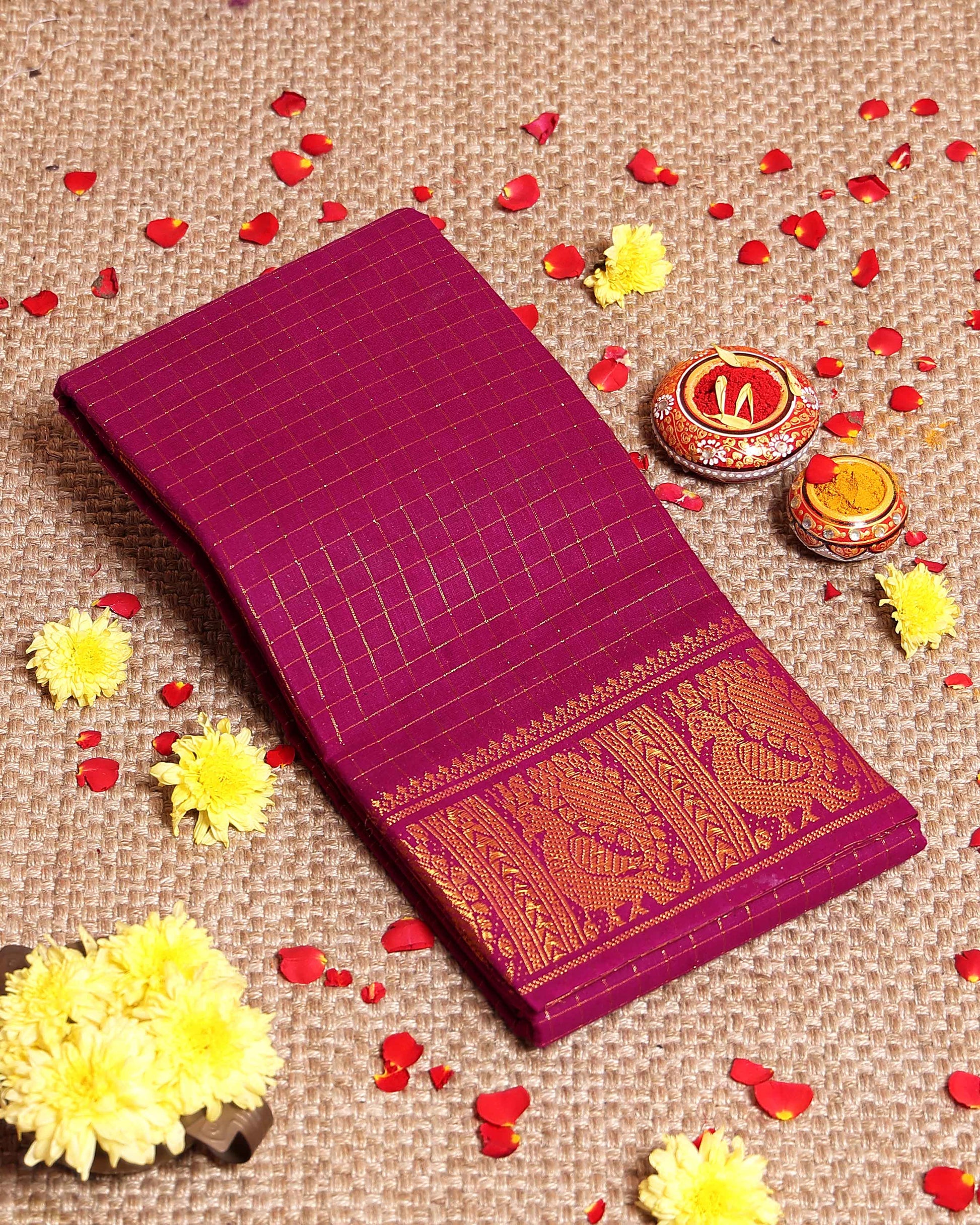 Traditional Sungudi Cotton Saree with Rich Peacock Zari Border and Classic Checked Pattern - Purple