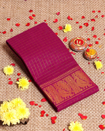 Traditional Sungudi Cotton Saree with Rich Peacock Zari Border and Classic Checked Pattern - Purple