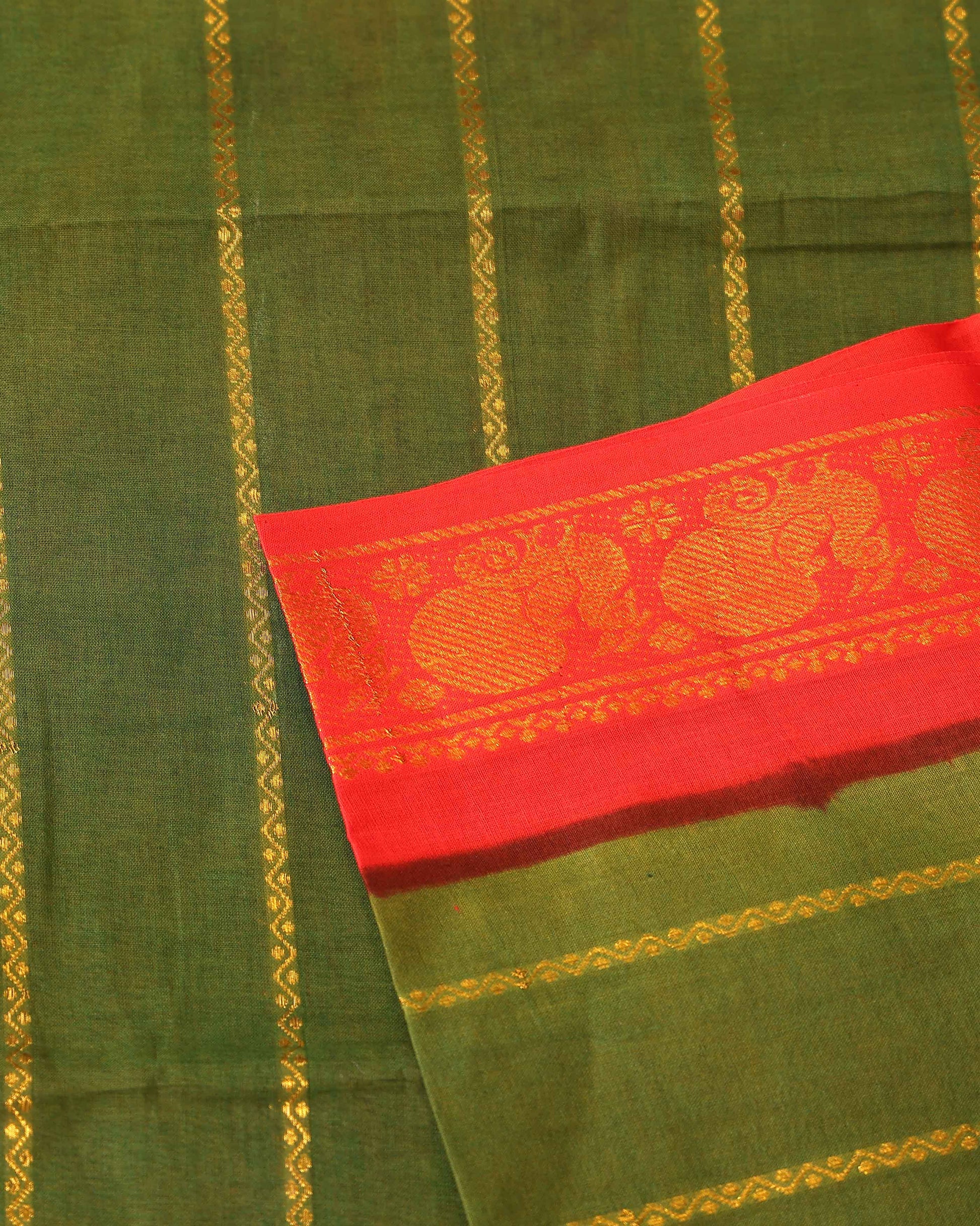 Traditional Sungudi Cotton Saree with Striped Body and Rich Zari Border - Green