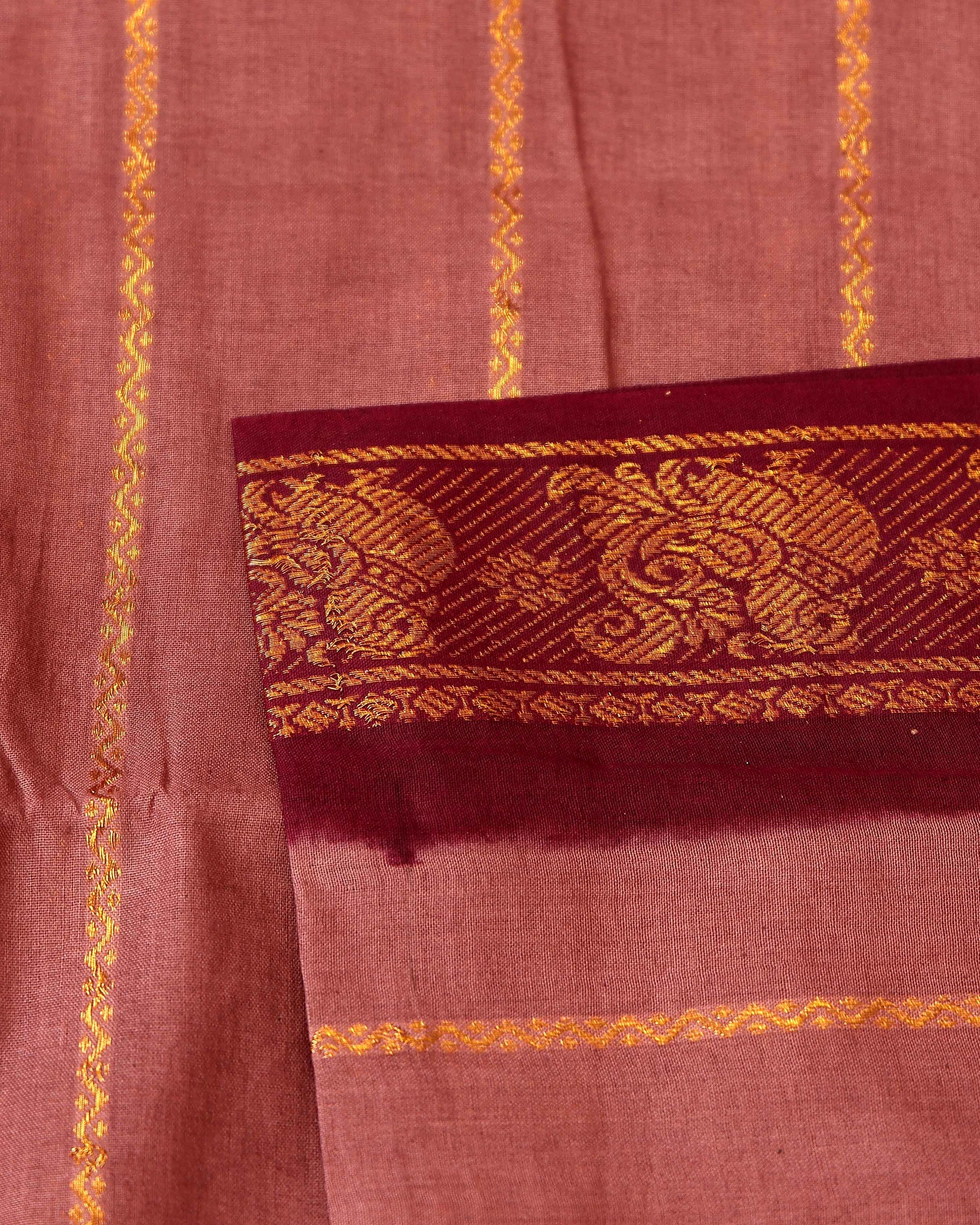 Traditional Sungudi Cotton Saree with Striped Body and Rich Zari Border - Brown