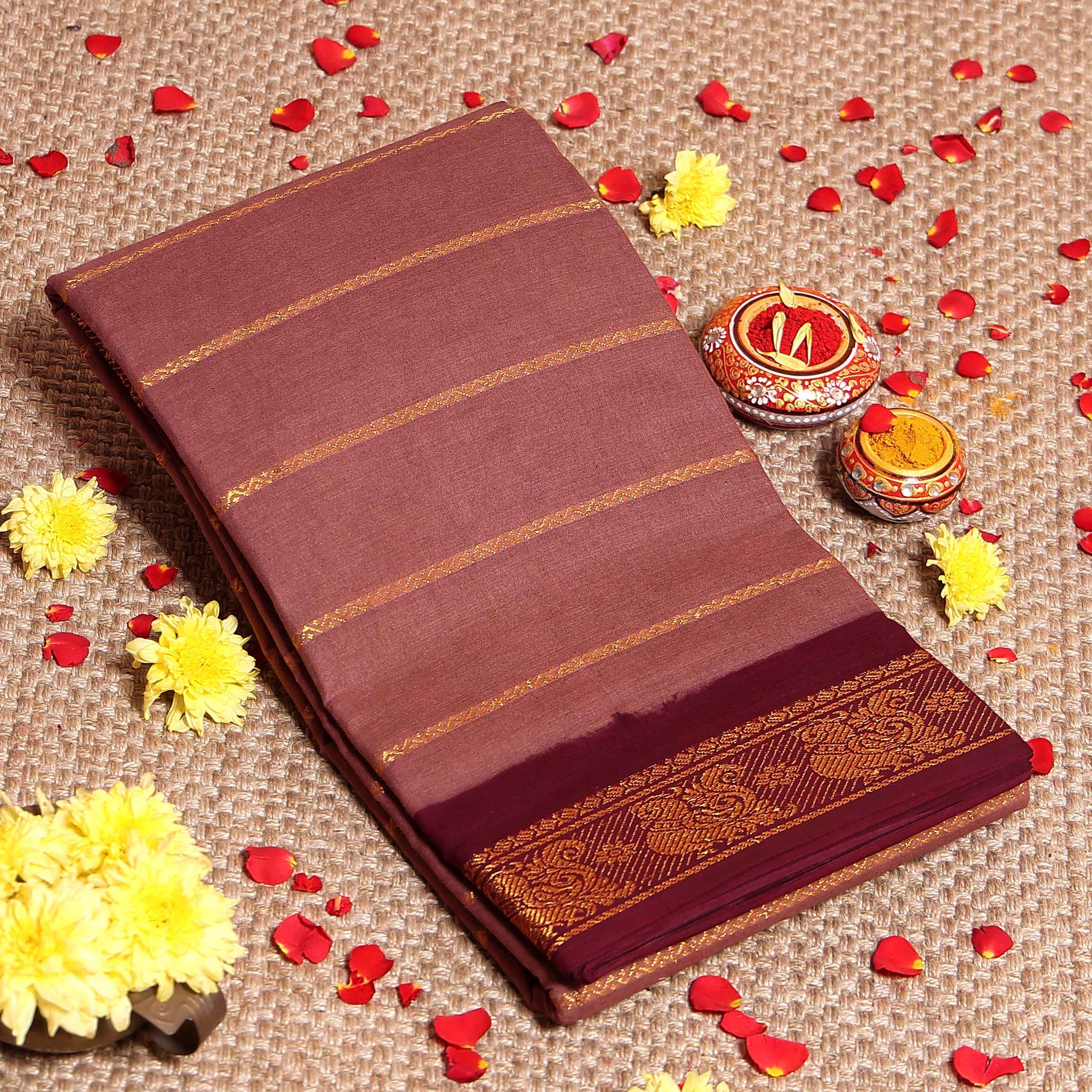 Traditional Sungudi Cotton Saree with Striped Body and Rich Zari Border - Brown