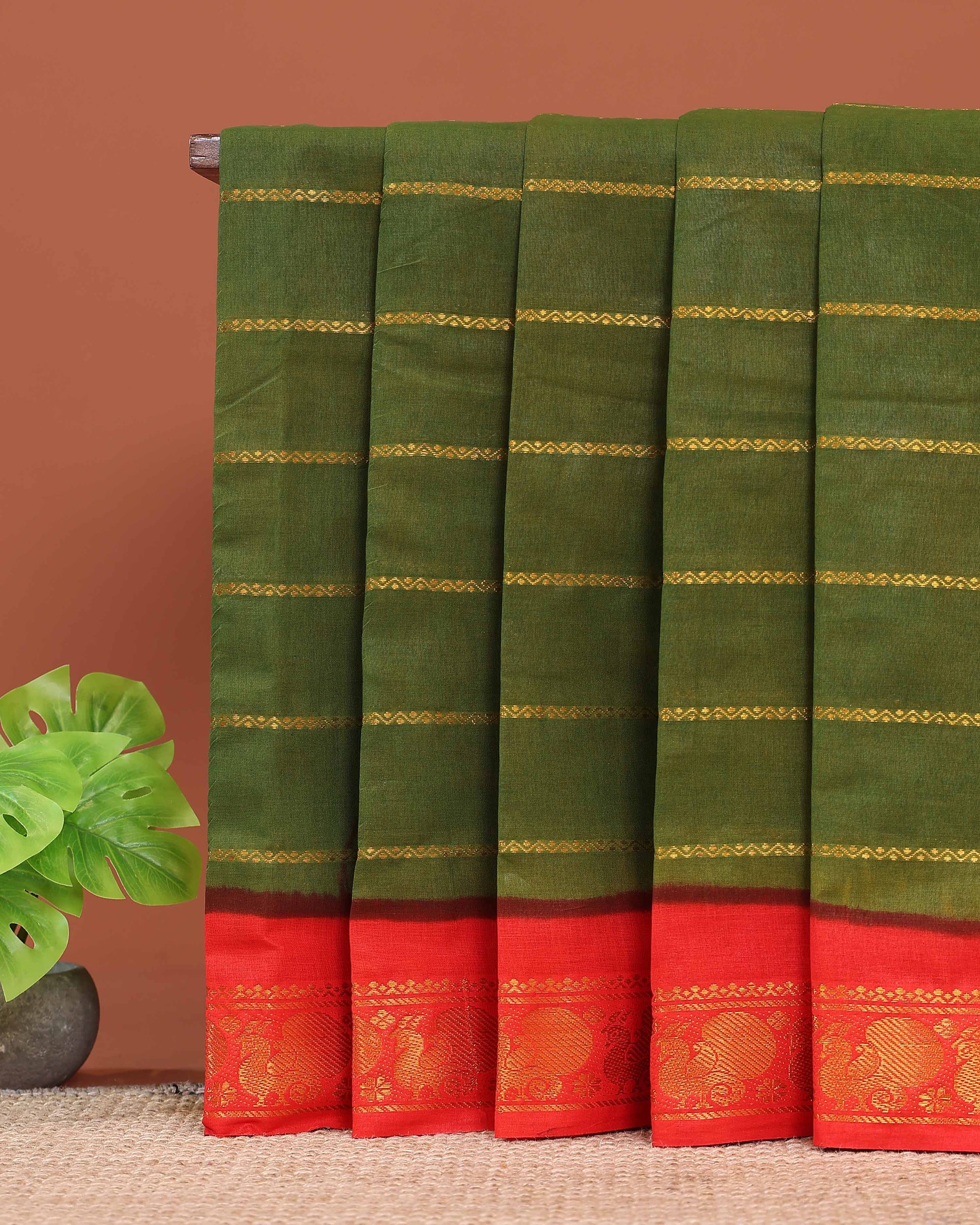 Traditional Sungudi Cotton Saree with Striped Body and Rich Zari Border - Green