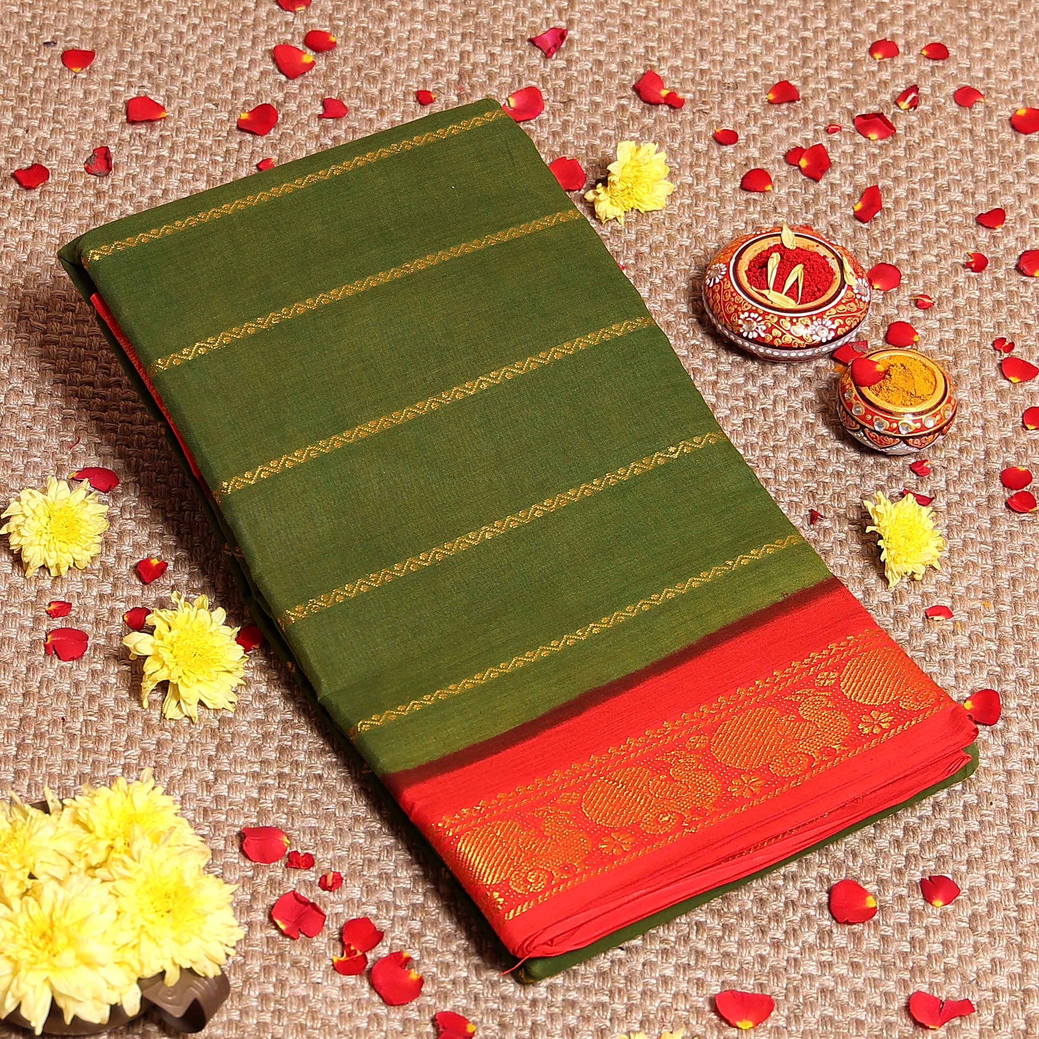 Traditional Sungudi Cotton Saree with Striped Body and Rich Zari Border - Green