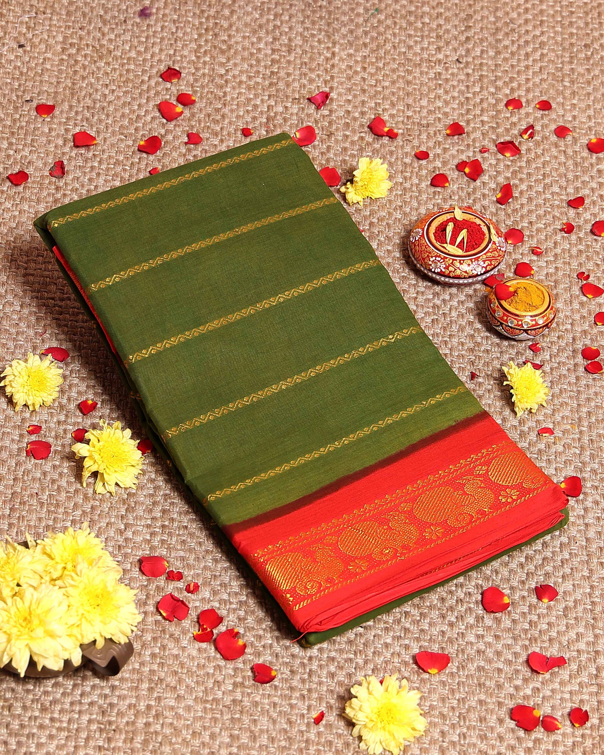 Traditional Sungudi Cotton Saree with Striped Body and Rich Zari Border - Green