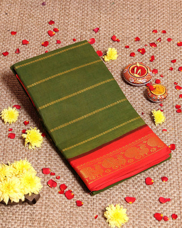 Traditional Sungudi Cotton Saree with Striped Body and Rich Zari Border - Green