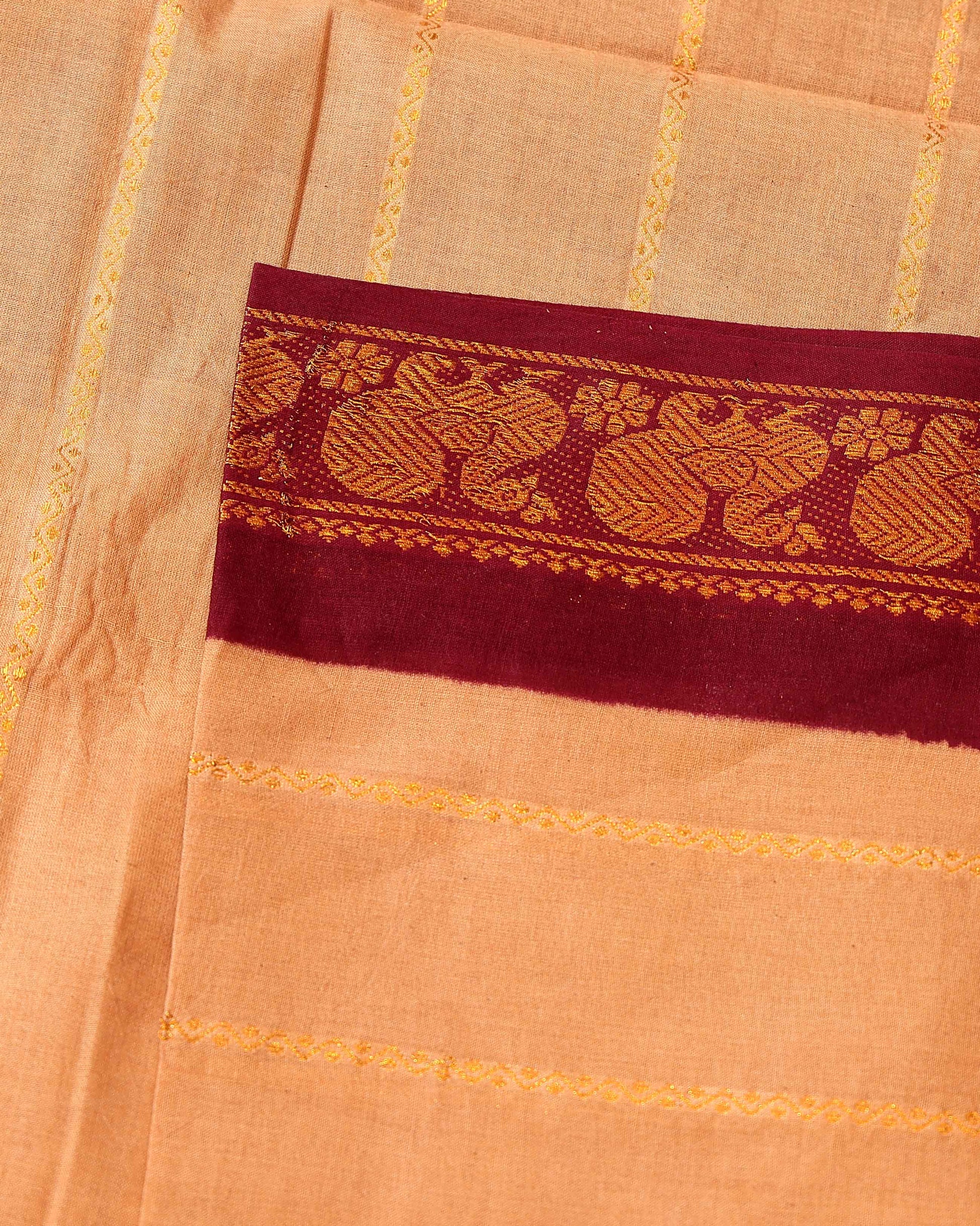 Traditional Sungudi Cotton Saree with Striped Body and Rich Zari Border  - Light Brown