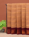 Traditional Sungudi Cotton Saree with Striped Body and Rich Zari Border  - Light Brown