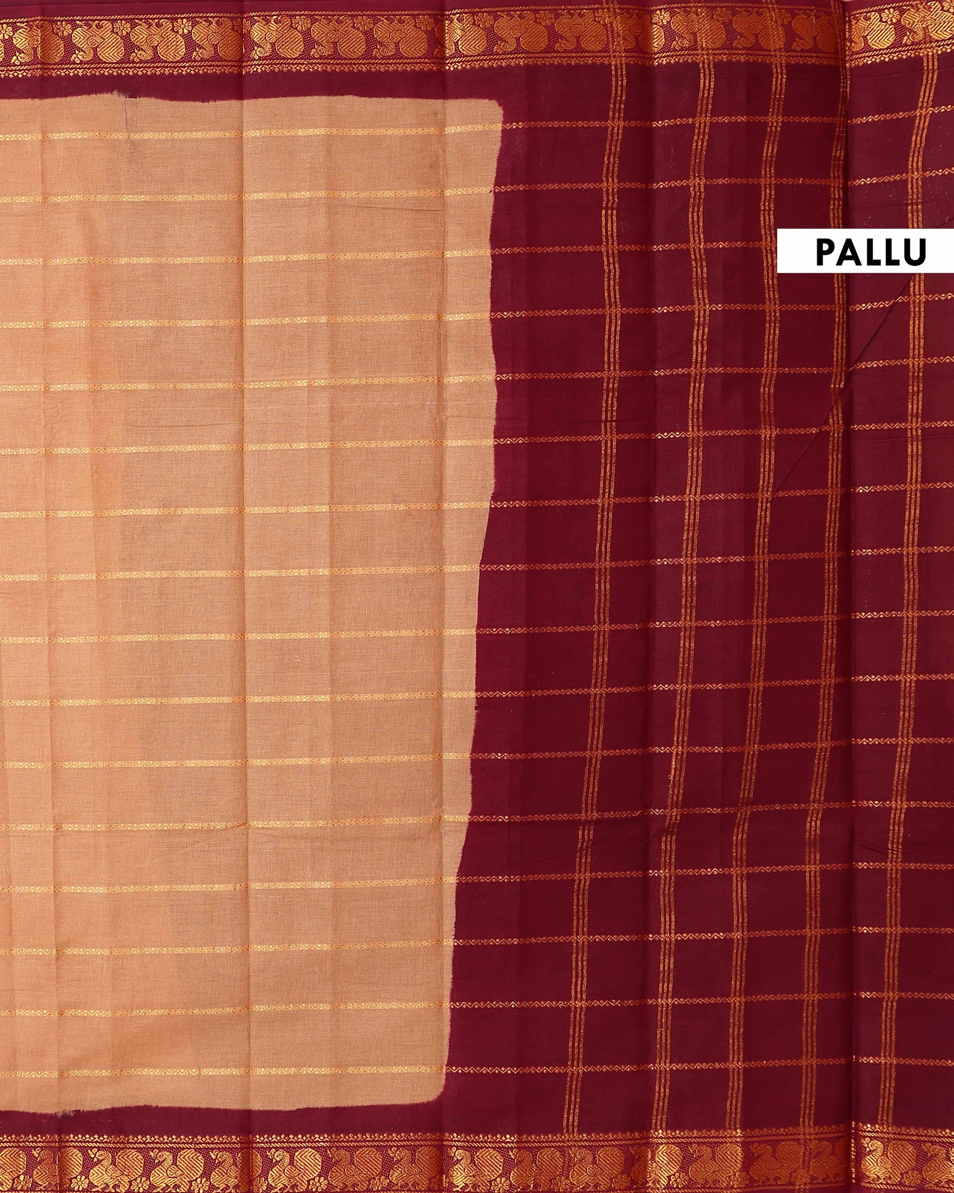 Traditional Sungudi Cotton Saree with Striped Body and Rich Zari Border  - Light Brown