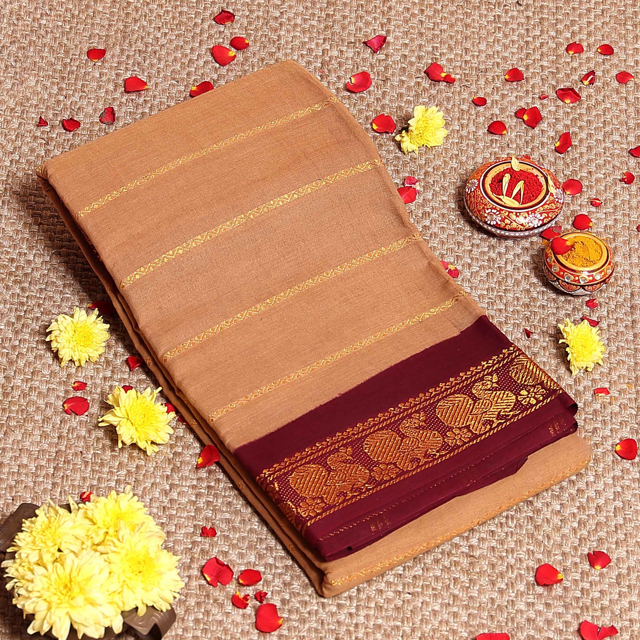 Traditional Sungudi Cotton Saree with Striped Body and Rich Zari Border  - Light Brown