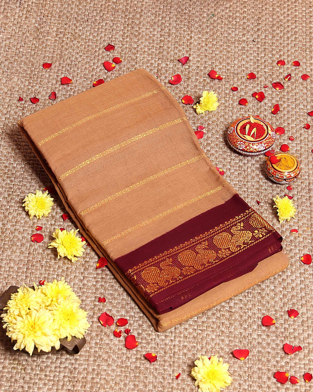 Traditional Sungudi Cotton Saree with Striped Body and Rich Zari Border  - Light Brown