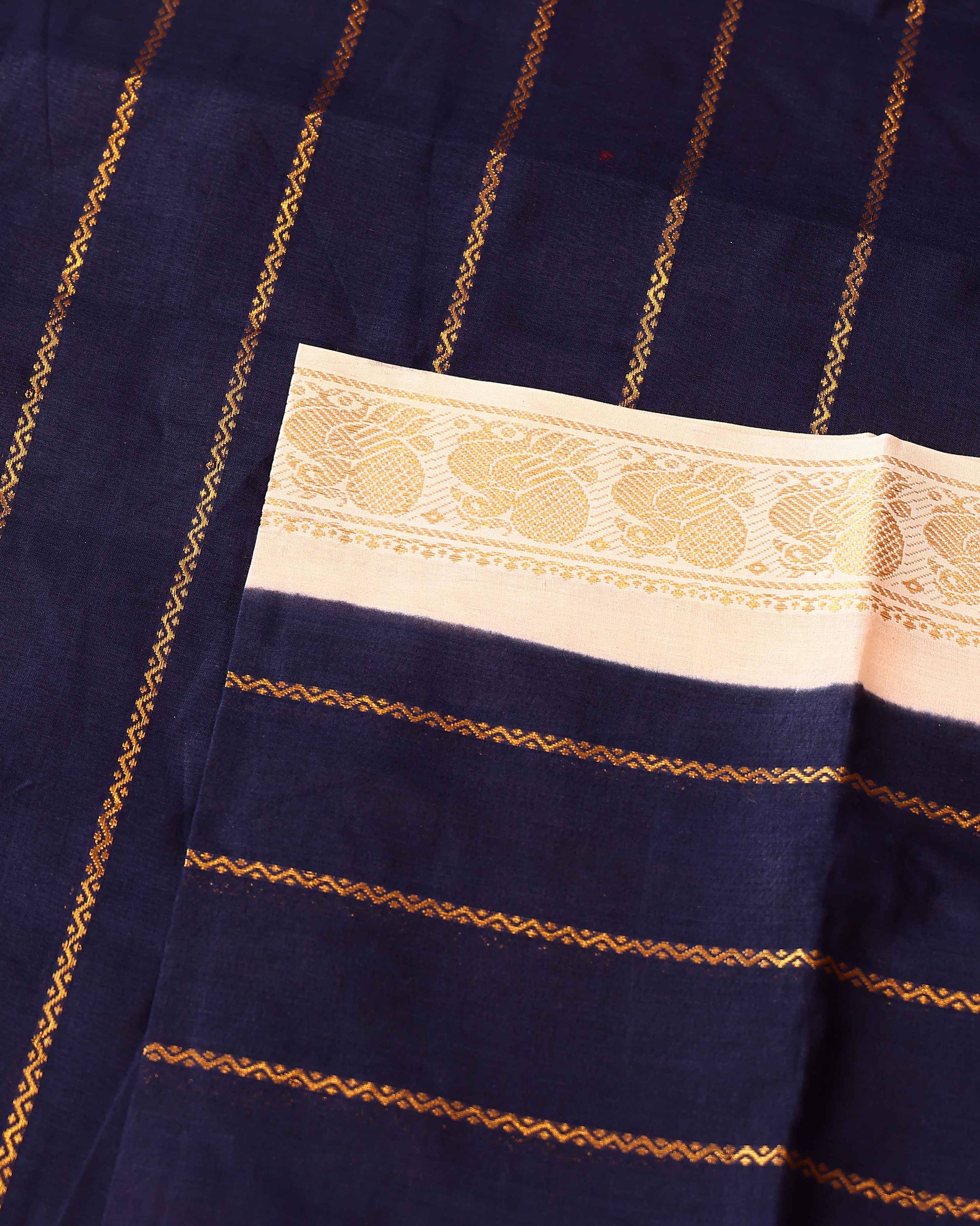 Traditional Sungudi Cotton Saree with Striped Body and Rich Zari Border  - Navy Blue