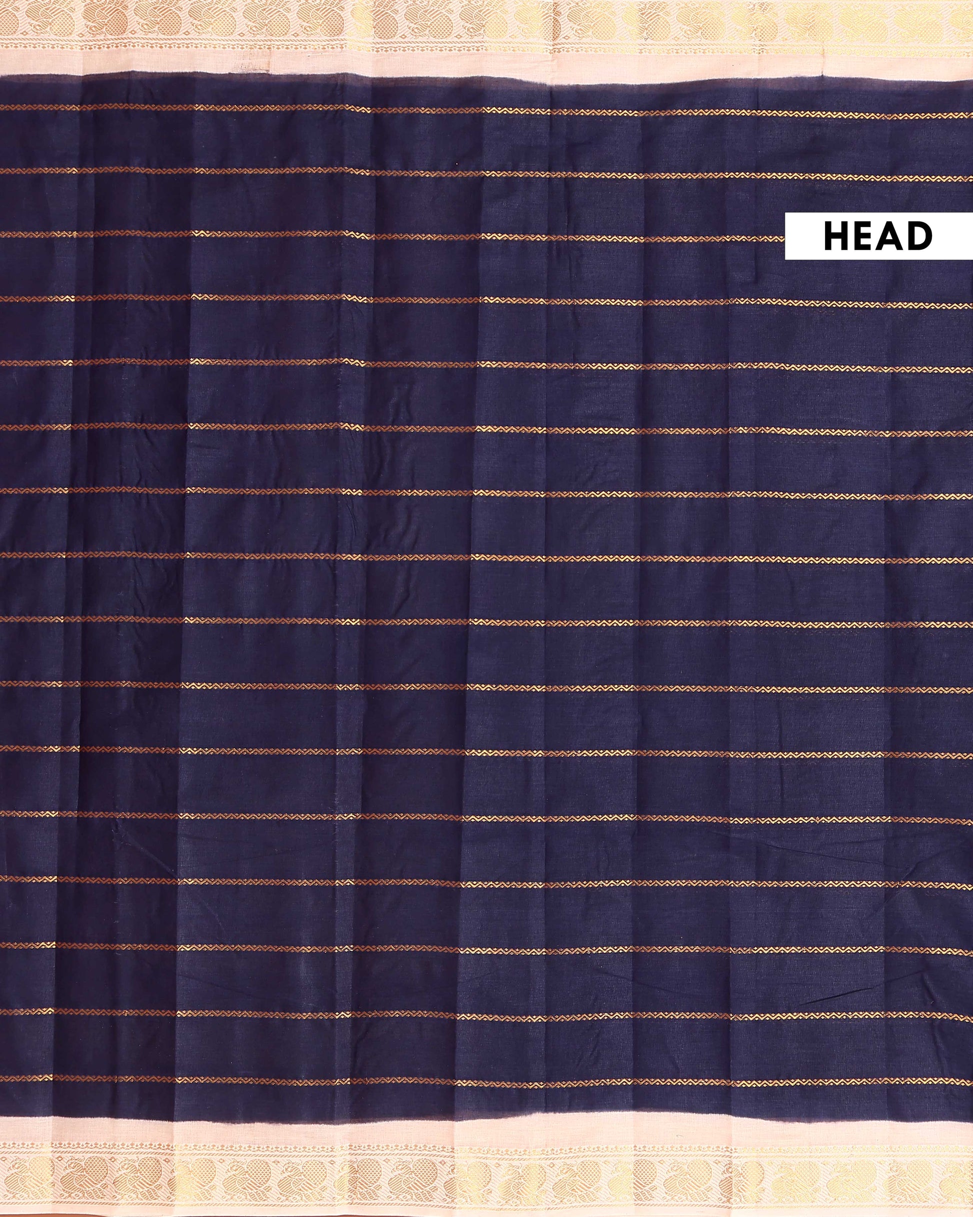 Traditional Sungudi Cotton Saree with Striped Body and Rich Zari Border  - Navy Blue