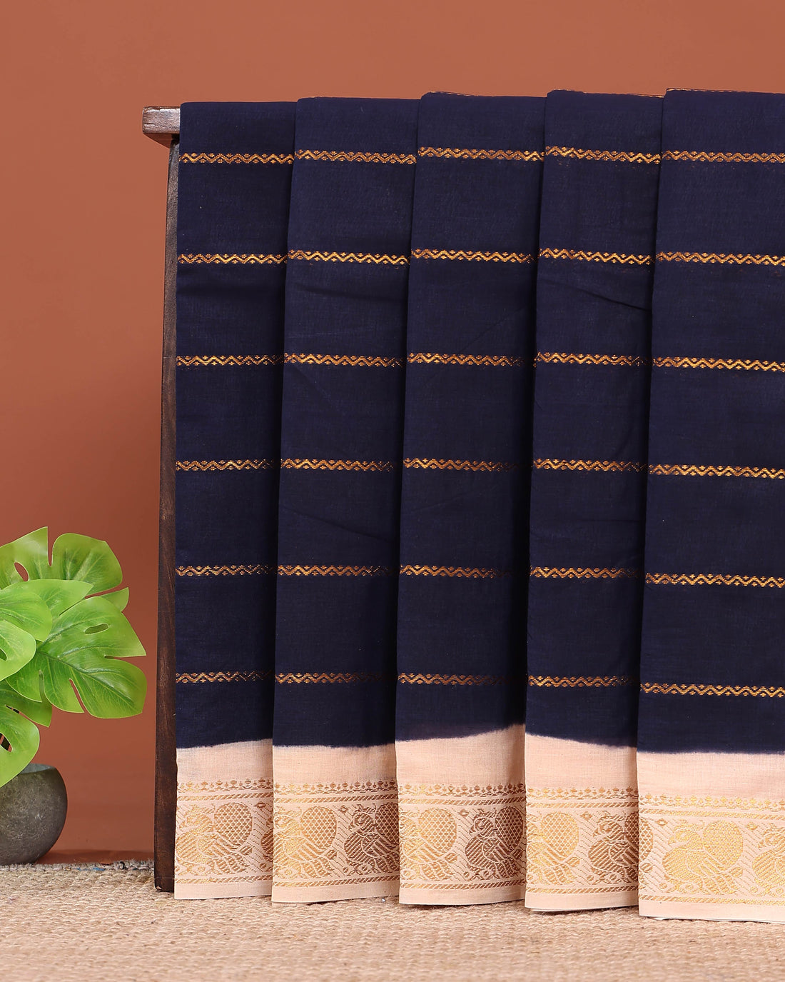 Traditional Sungudi Cotton Saree with Striped Body and Rich Zari Border  - Navy Blue