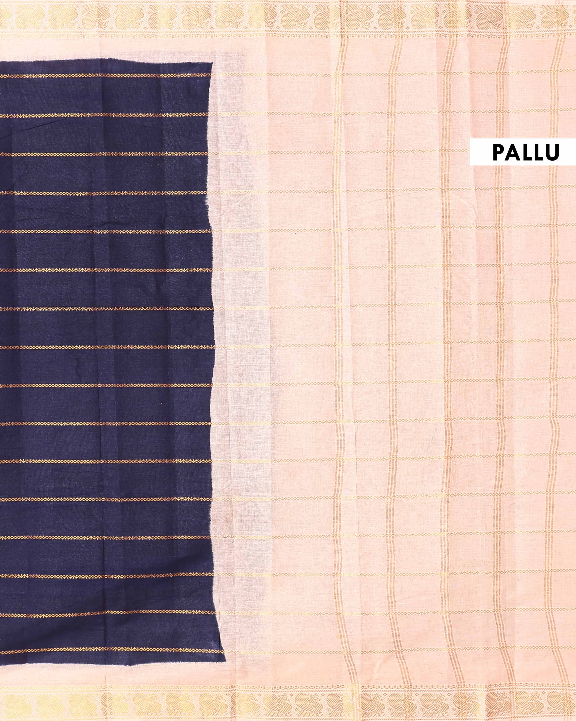 Traditional Sungudi Cotton Saree with Striped Body and Rich Zari Border  - Navy Blue
