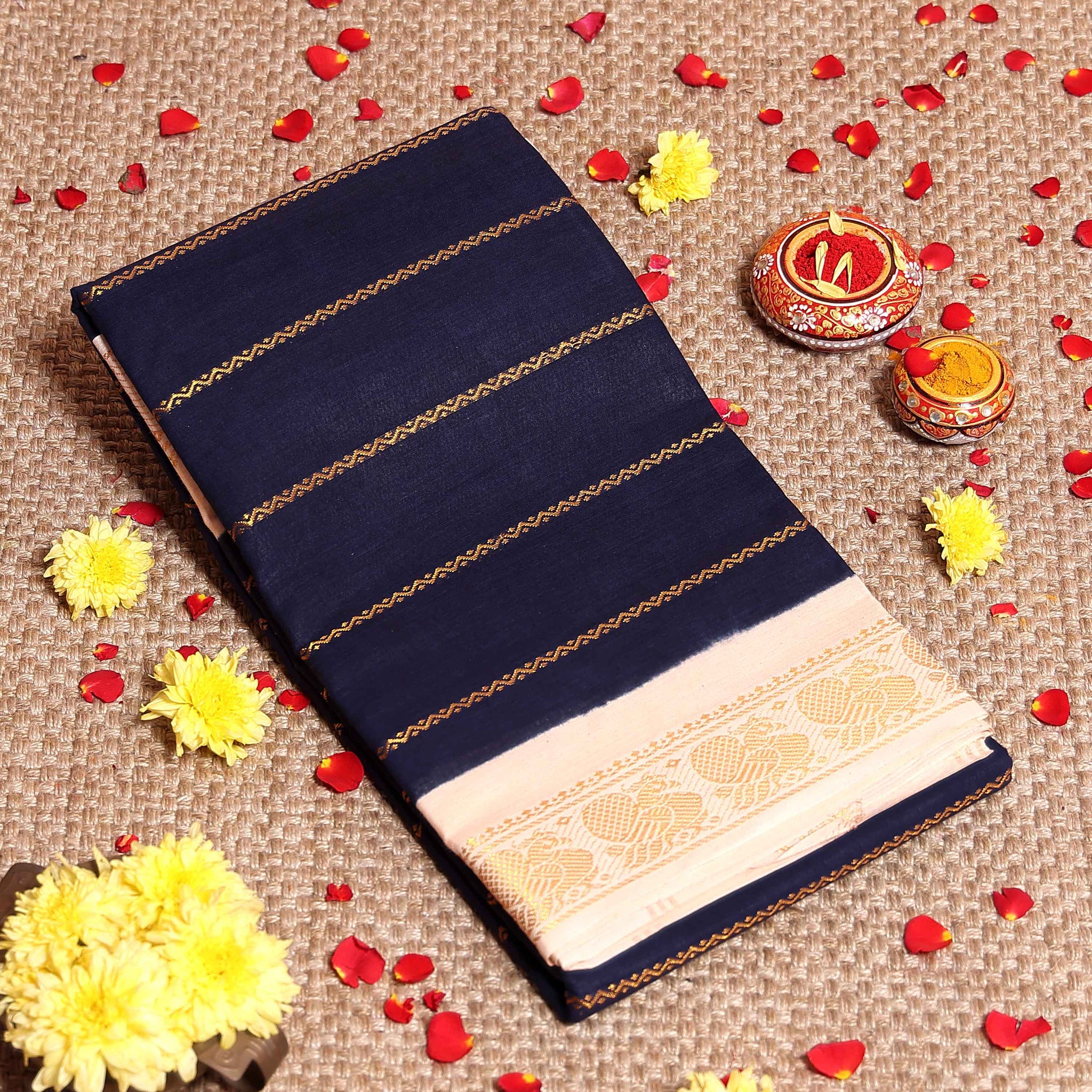 Traditional Sungudi Cotton Saree with Striped Body and Rich Zari Border  - Navy Blue