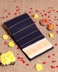 Traditional Sungudi Cotton Saree with Striped Body and Rich Zari Border  - Navy Blue