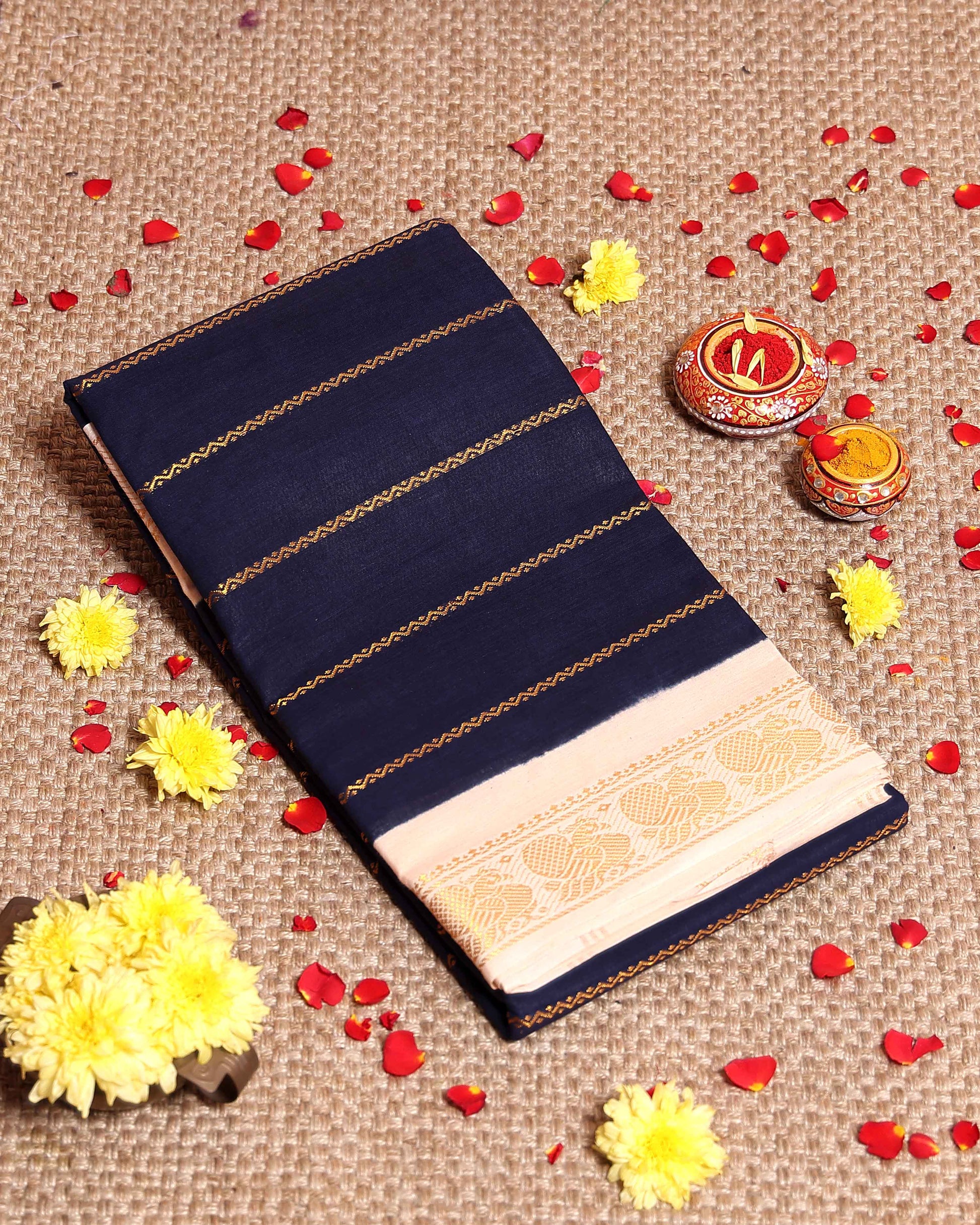 Traditional Sungudi Cotton Saree with Striped Body and Rich Zari Border  - Navy Blue