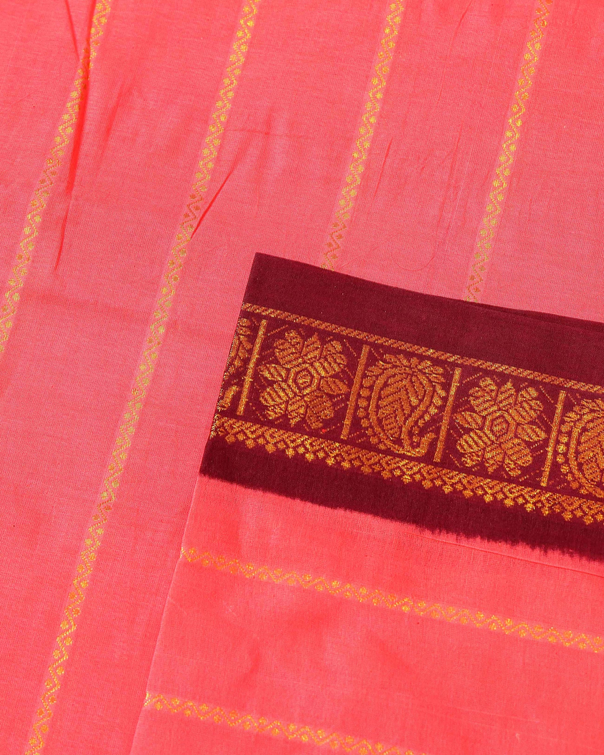 Traditional Sungudi Cotton Saree with Striped Body and Rich Zari Border  - Onion Pink-one