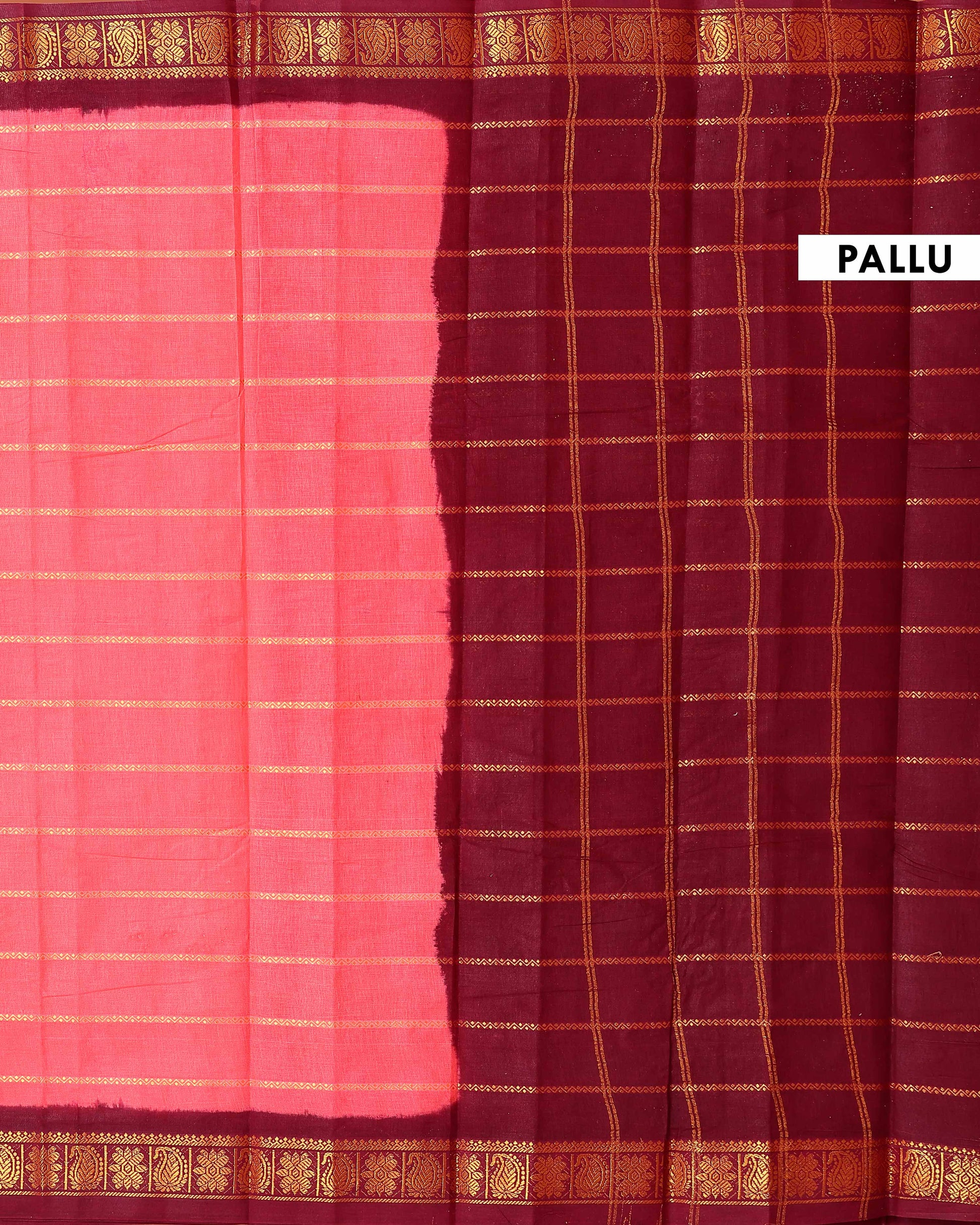 Traditional Sungudi Cotton Saree with Striped Body and Rich Zari Border  - Onion Pink-one