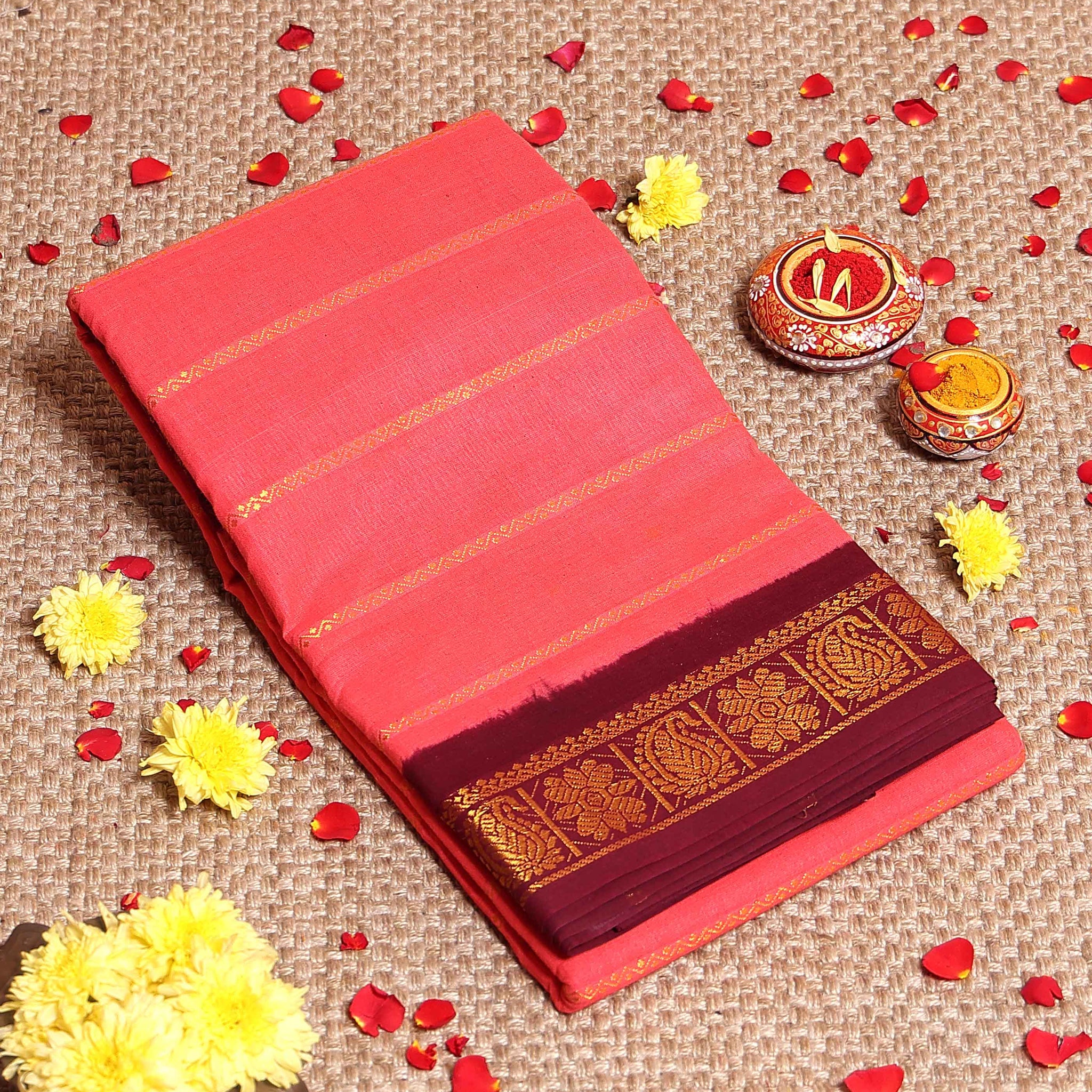 Traditional Sungudi Cotton Saree with Striped Body and Rich Zari Border  - Onion Pink-one