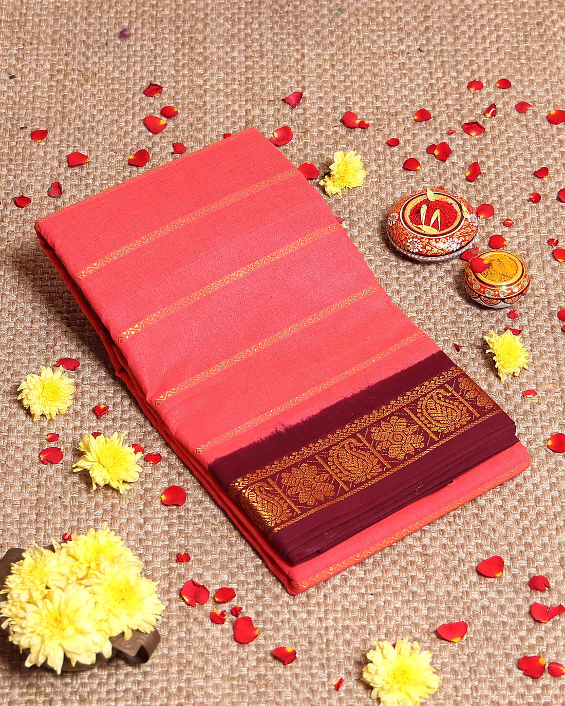 Traditional Sungudi Cotton Saree with Striped Body and Rich Zari Border  - Onion Pink-one